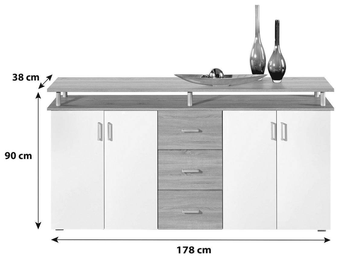 Komód 4 Ajtó 3 Fiók Lift - tölgyfa/fehér, Modern, faalapú anyag (178/90/38cm)