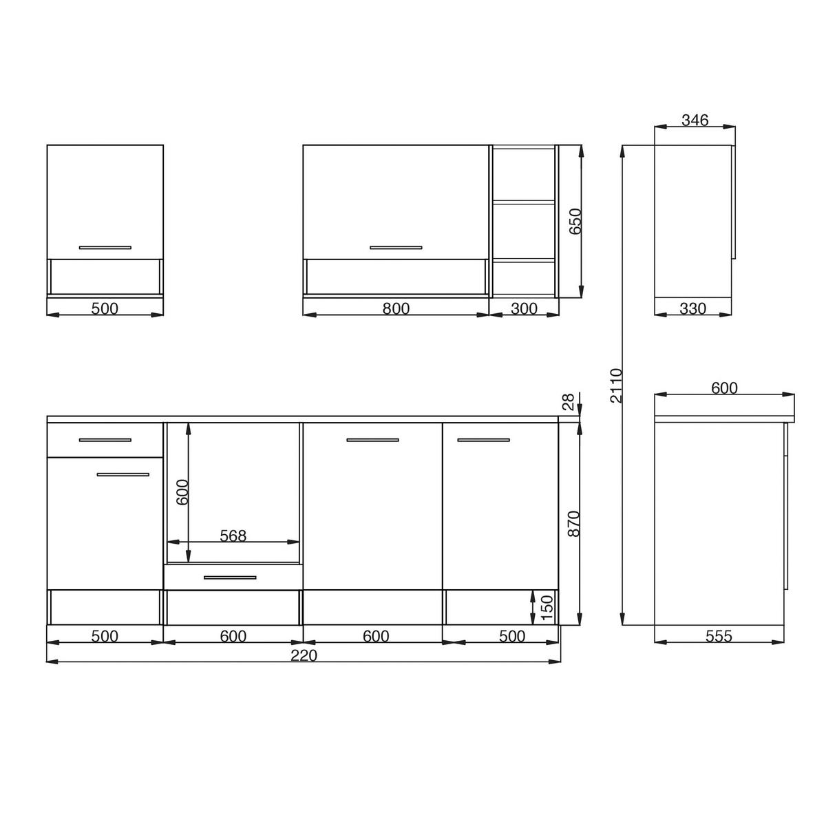 Küchenzeile ohne Geräte B: 220 cm Grau/Wildeiche - Wildeiche/Silberfarben, Basics, Holzwerkstoff/Metall (220cm) - Respekta