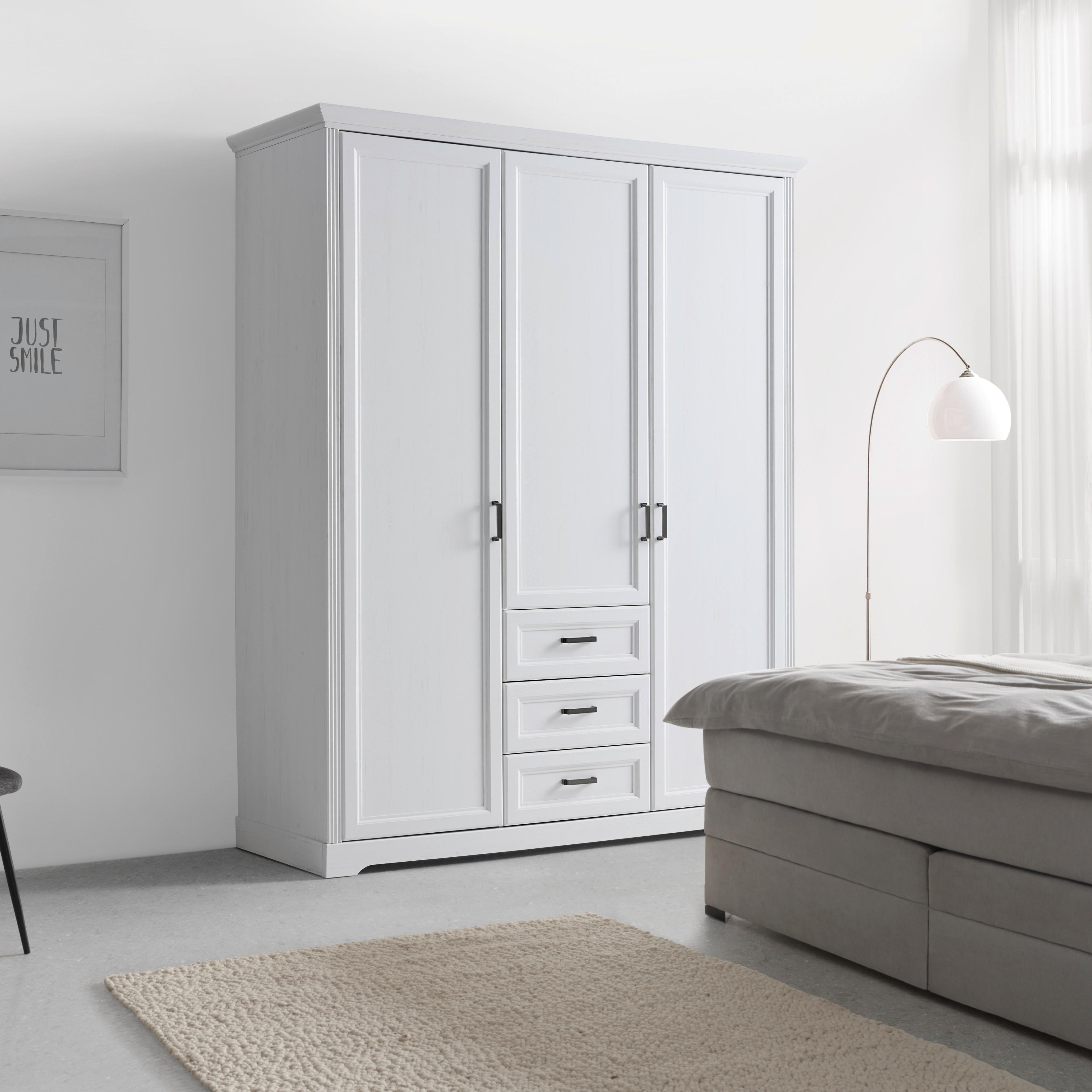 Kleiderschrank Marilou in Weiss ca. 164x206x64cm - Weiss/Nickelfarben, Romantik / Landhaus, Holzwerkstoff/Metall (164/206/64cm) - Zandiara