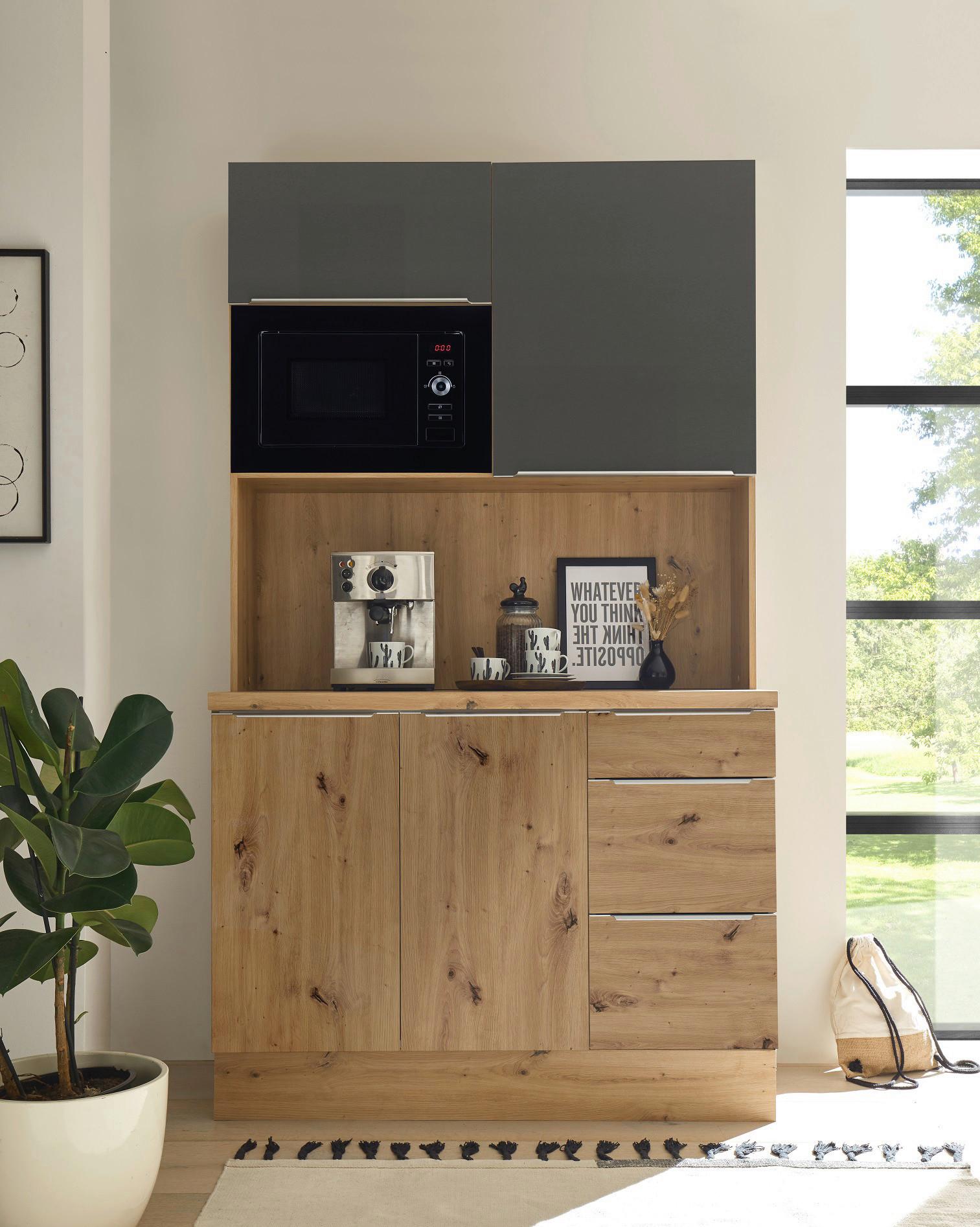 Miniküche Marleen mit Mikrowelle Eiche B: ca. 120 cm - Anthrazit/Alufarben, LIFESTYLE, Holzwerkstoff/Kunststoff (120/211/60cm) - Respekta