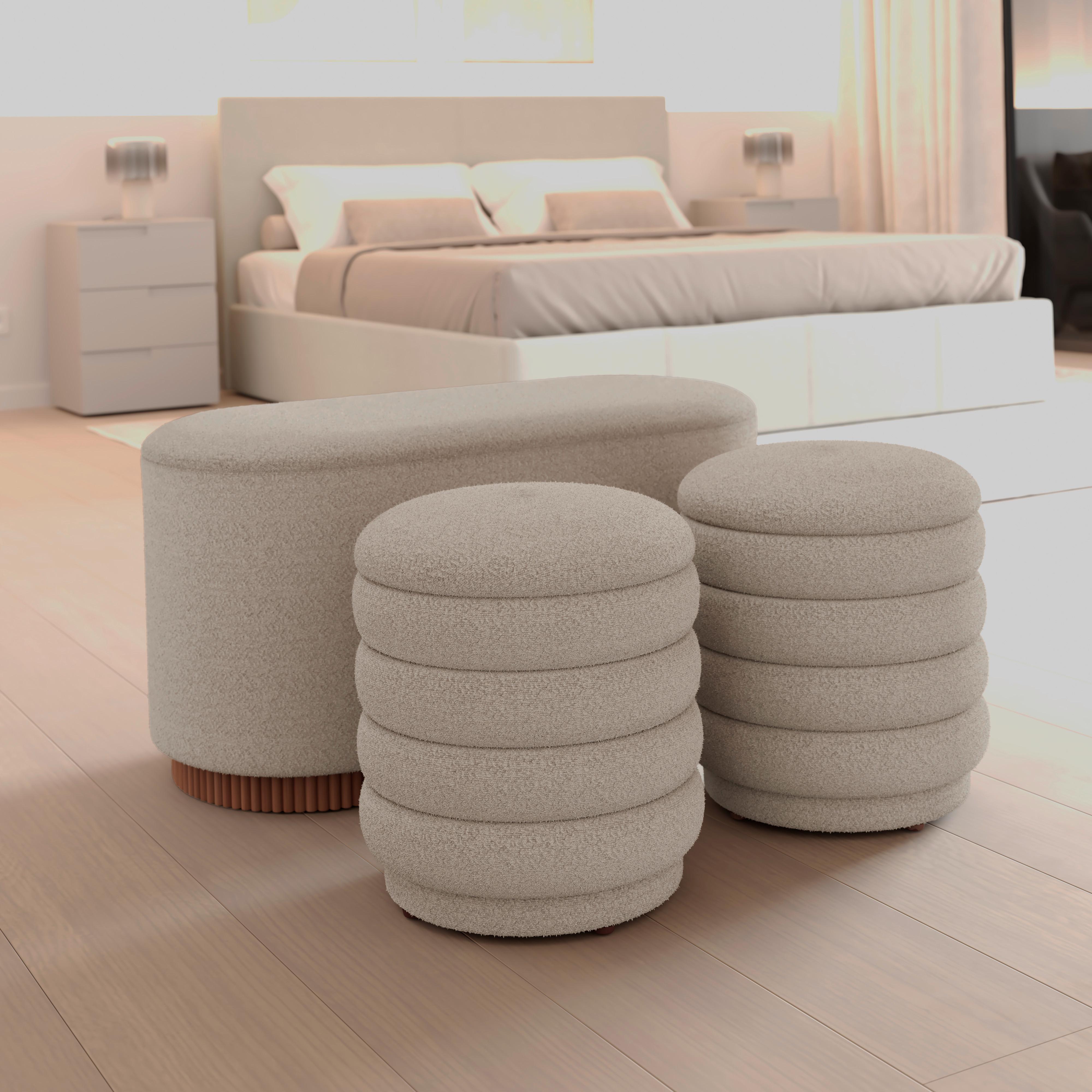 Sitzbank Nina mit Stauraum inkl. 2 Hocker Bouclé Beige - Beige/Naturfarben, MODERN, Holz/Holzwerkstoff - Bessagi Home