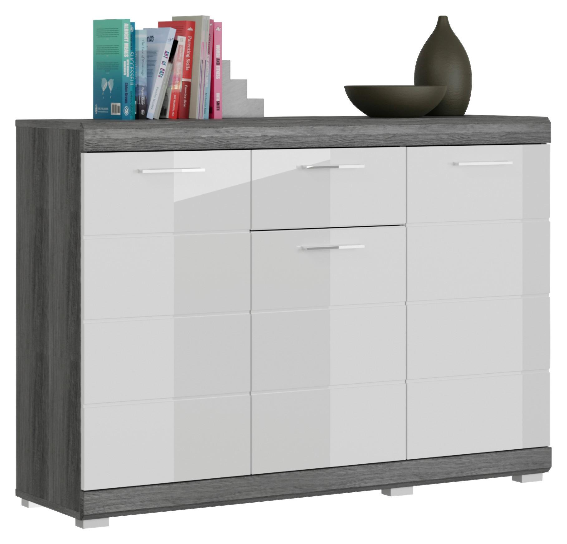Kommode Scout ca. 120x85 cm Weiß/Grau - Chromfarben/Weiß Hochglanz, Design, Holzwerkstoff/Kunststoff (120/85/37cm) - MID.YOU