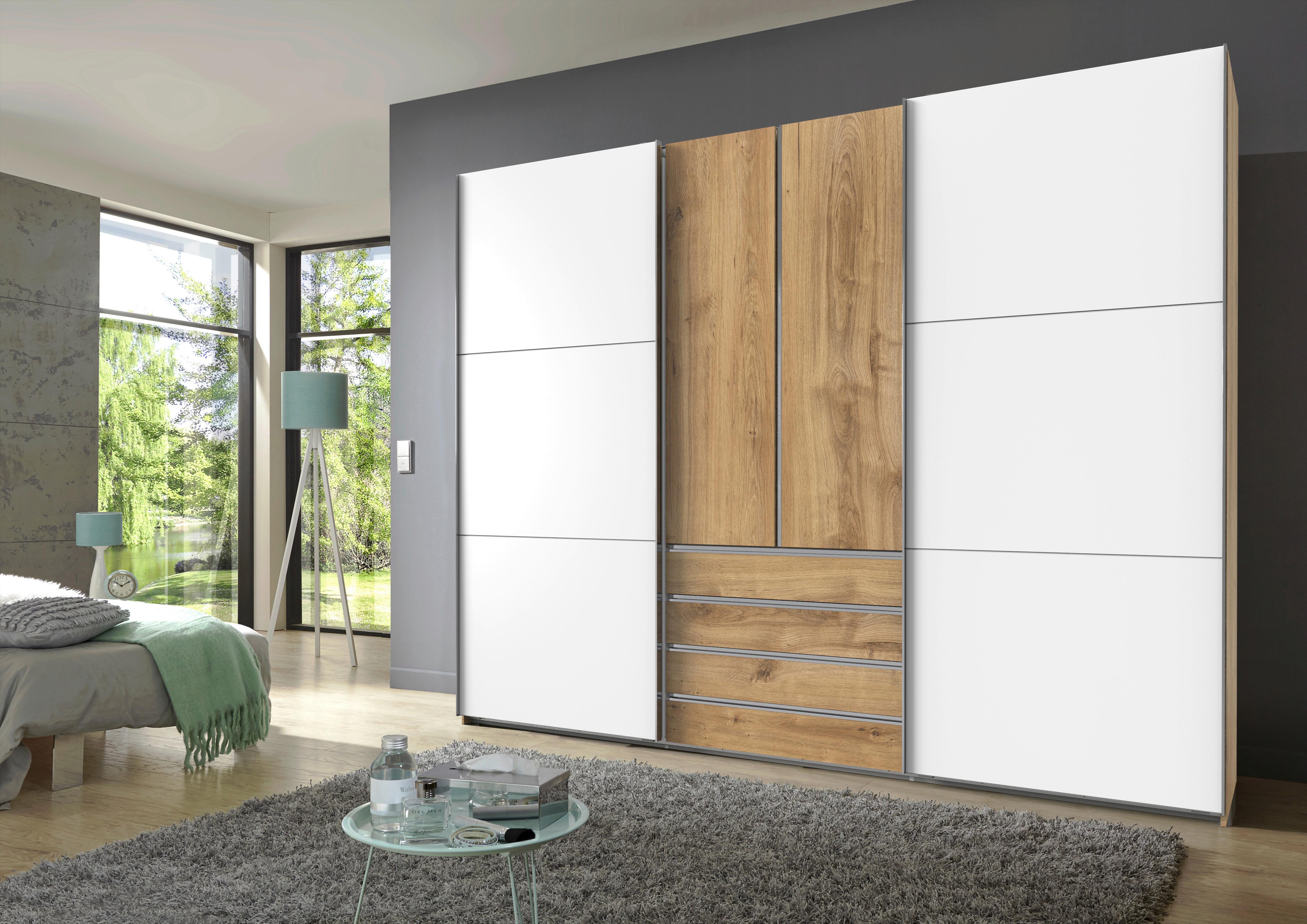 DULAP USI CULISANTE MAGIC - alb/culoare lemn stejar, Modern, material pe bază de lemn (300/236/65cm) - MID.YOU