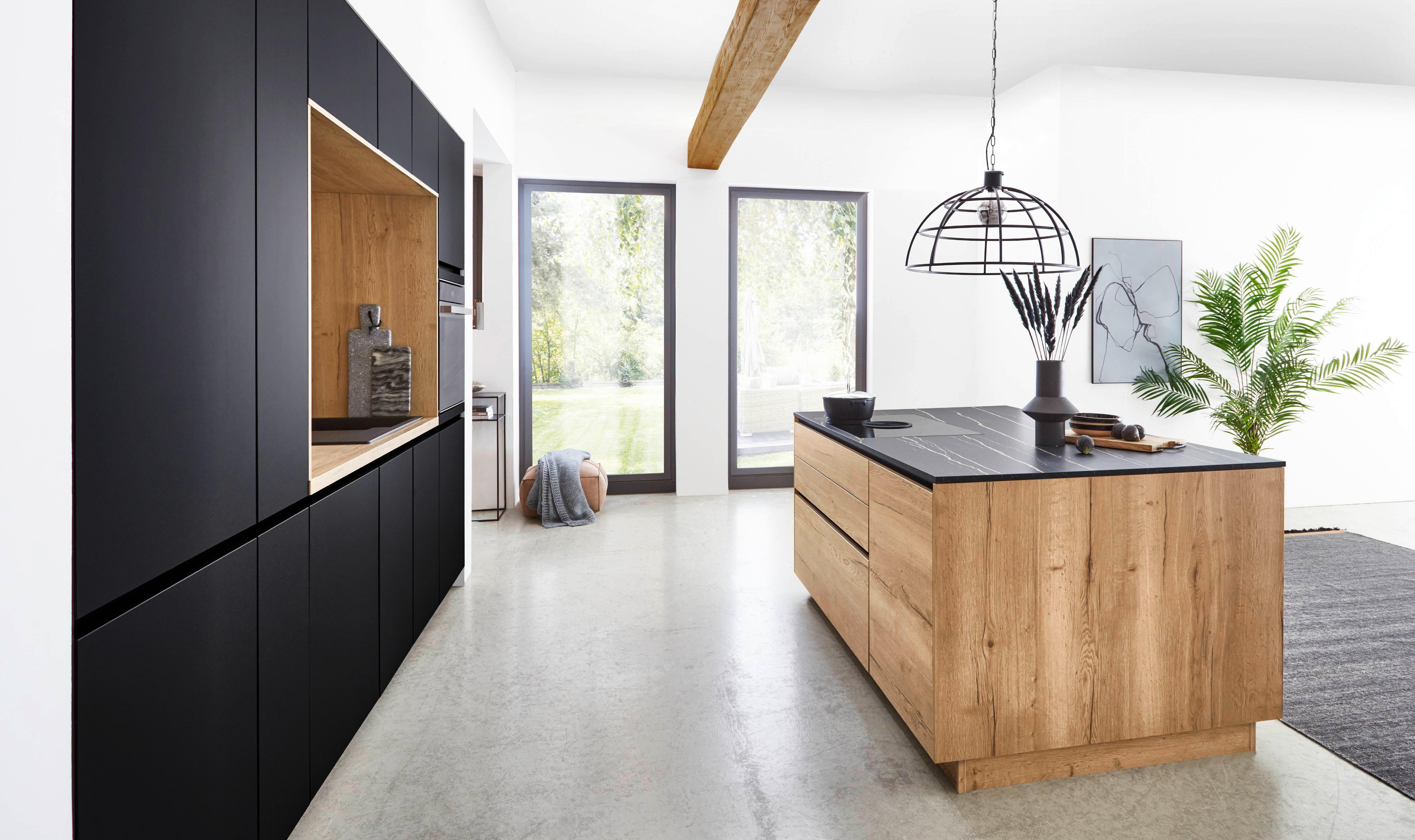 Einbauküche Easytouch Schwarz/Eichefarben - Eichefarben/Schwarz, MODERN, Holzwerkstoff (300cm) - Nobilia