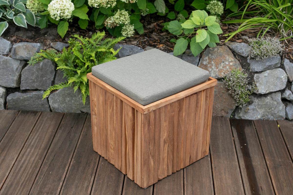 Gartenhocker Woodie Teak mit Stauraum - Taupe/Braun, Basics, Holz/Textil (45/45/45cm) - Gardenson