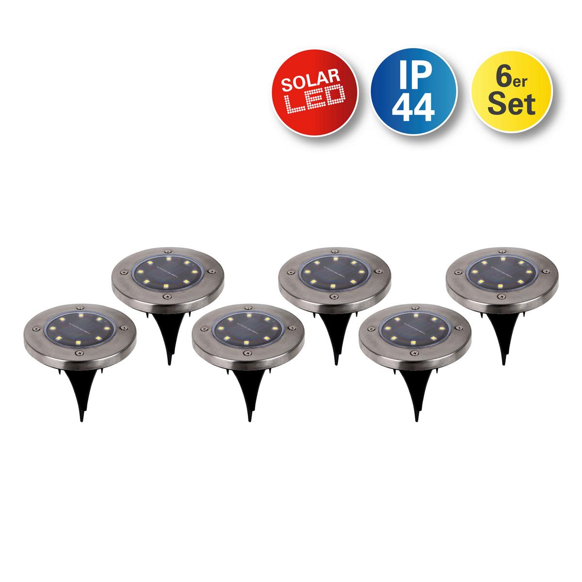 Solarleuchtenset Boden-Erdspieß, 6-teilig - Edelstahlfarben, Basics, Kunststoff/Metall (11,5/11,5/14cm) - Näve
