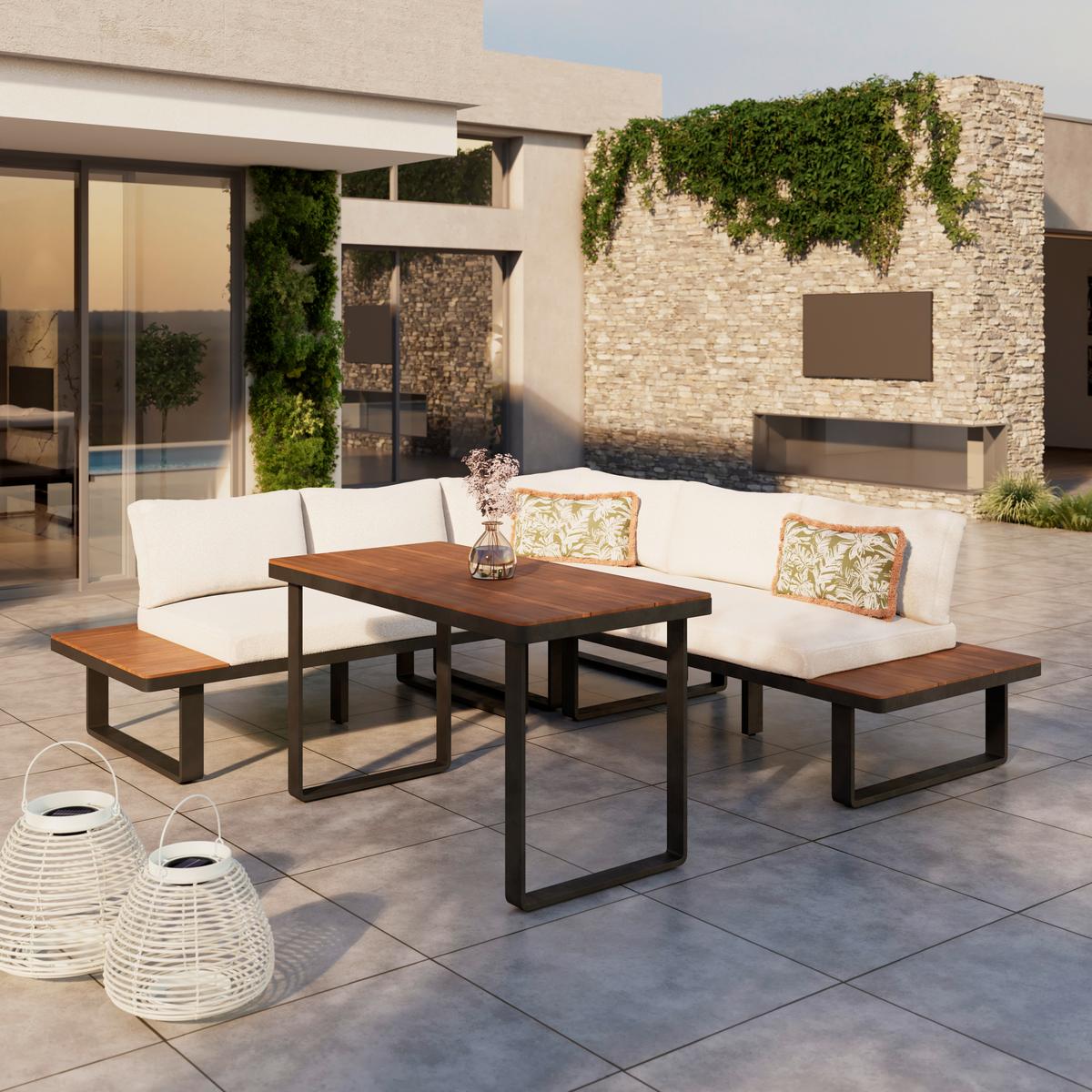 Dining-Loungeset Gianna Holz Outdoorstoff/Metall +Abdeckung - Creme/Schwarz, MODERN, Holz/Textil (221/71/76cm) - Bessagi Garden
