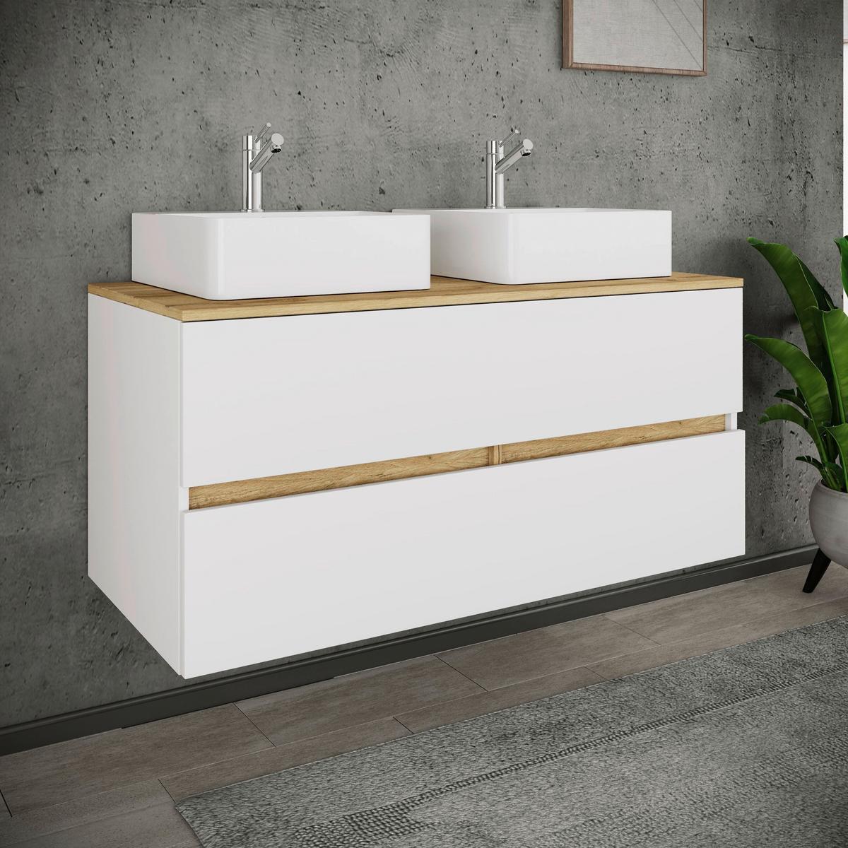 Badezimmer Cosila - Honigeiche/Weiss, Trend, Keramik/Holzwerkstoff (111cm) - MID.YOU