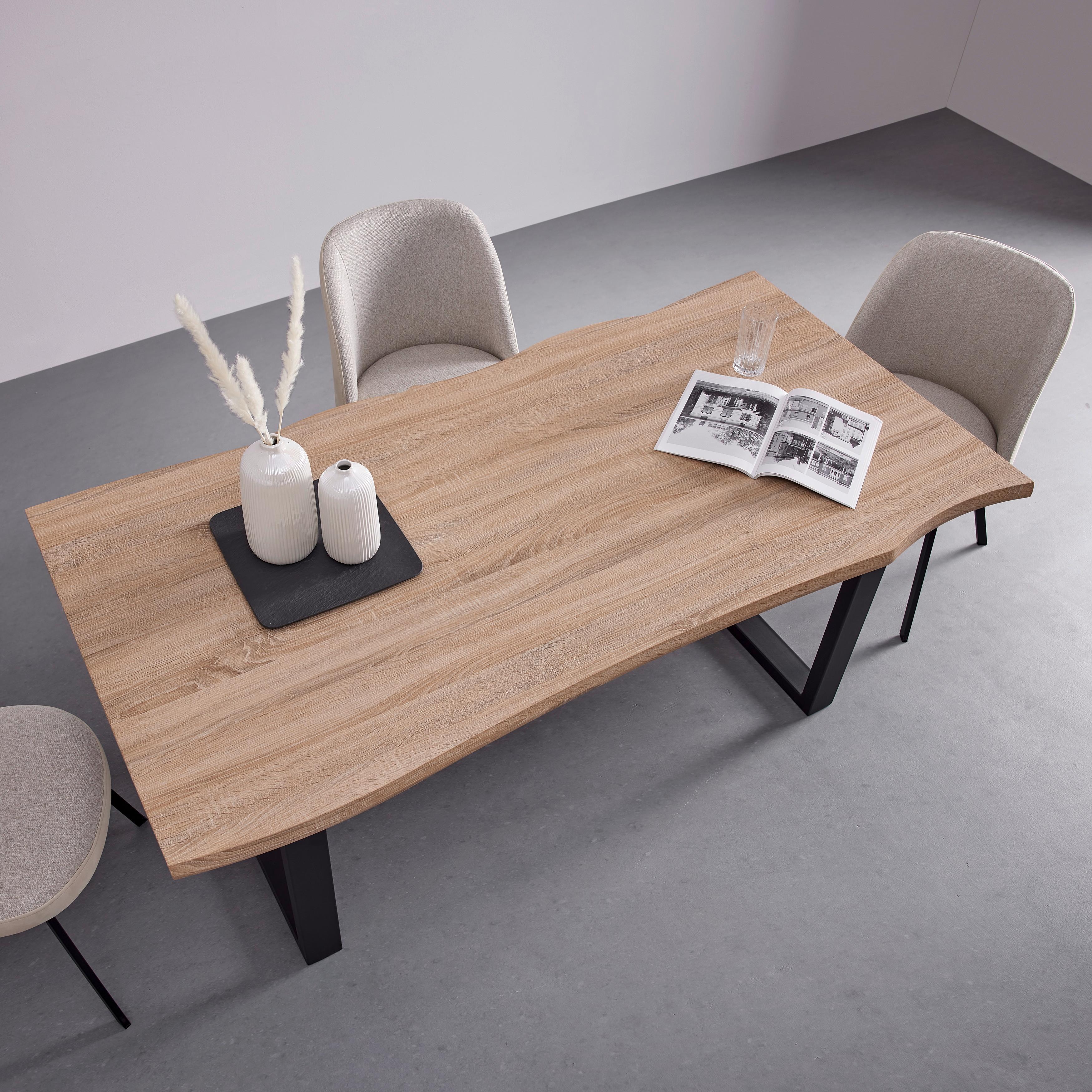 Esstisch Holz "Elicia", ca. 180x90 cm, Eiche - Eichefarben/Schwarz, Modern, Metall (180/90/76cm) - Bessagi Home
