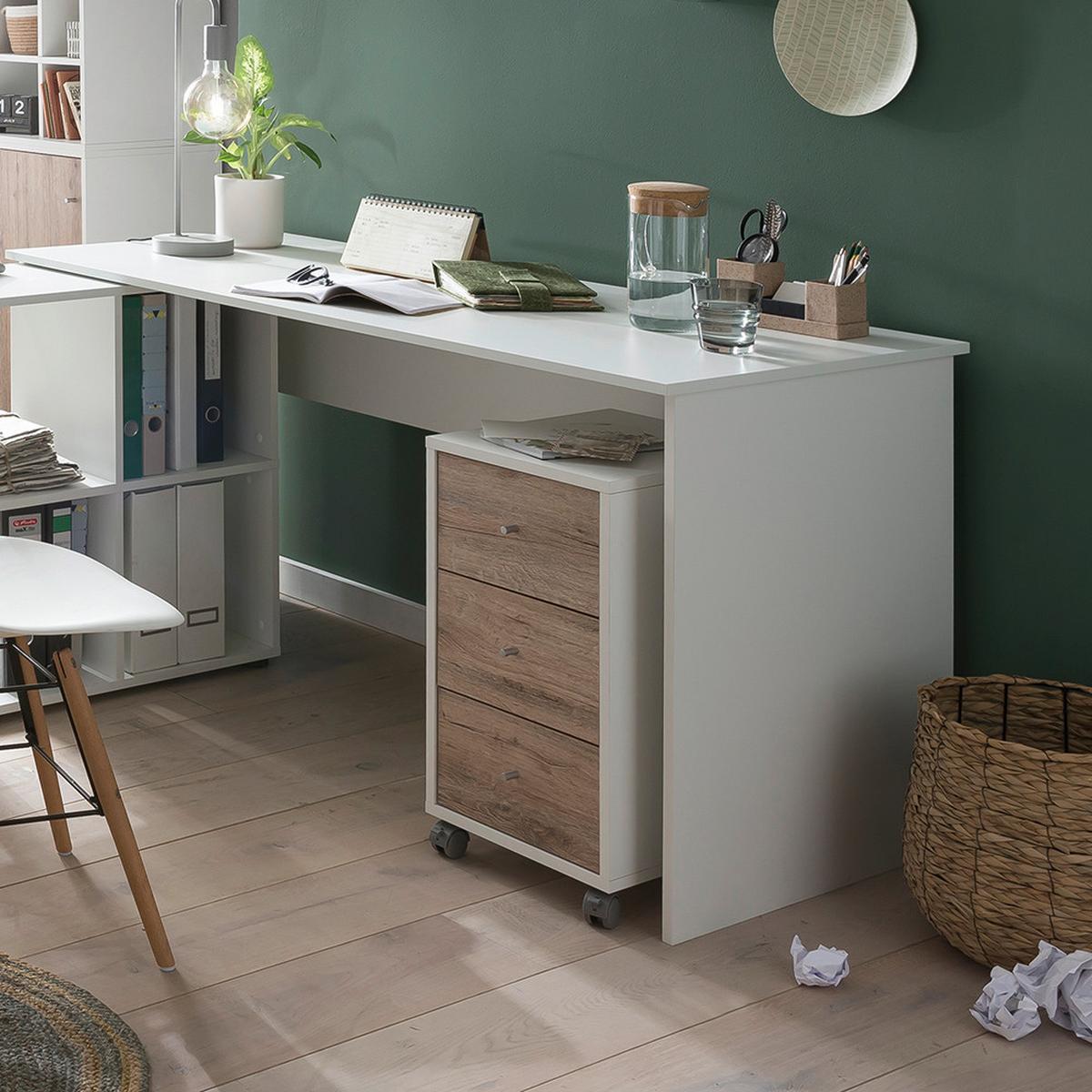 Rollcontainer 400 Weiß/Wildeiche - Wildeiche/Silberfarben, MODERN, Holzwerkstoff/Kunststoff (32,6/59,7/39,1cm) - MID.YOU