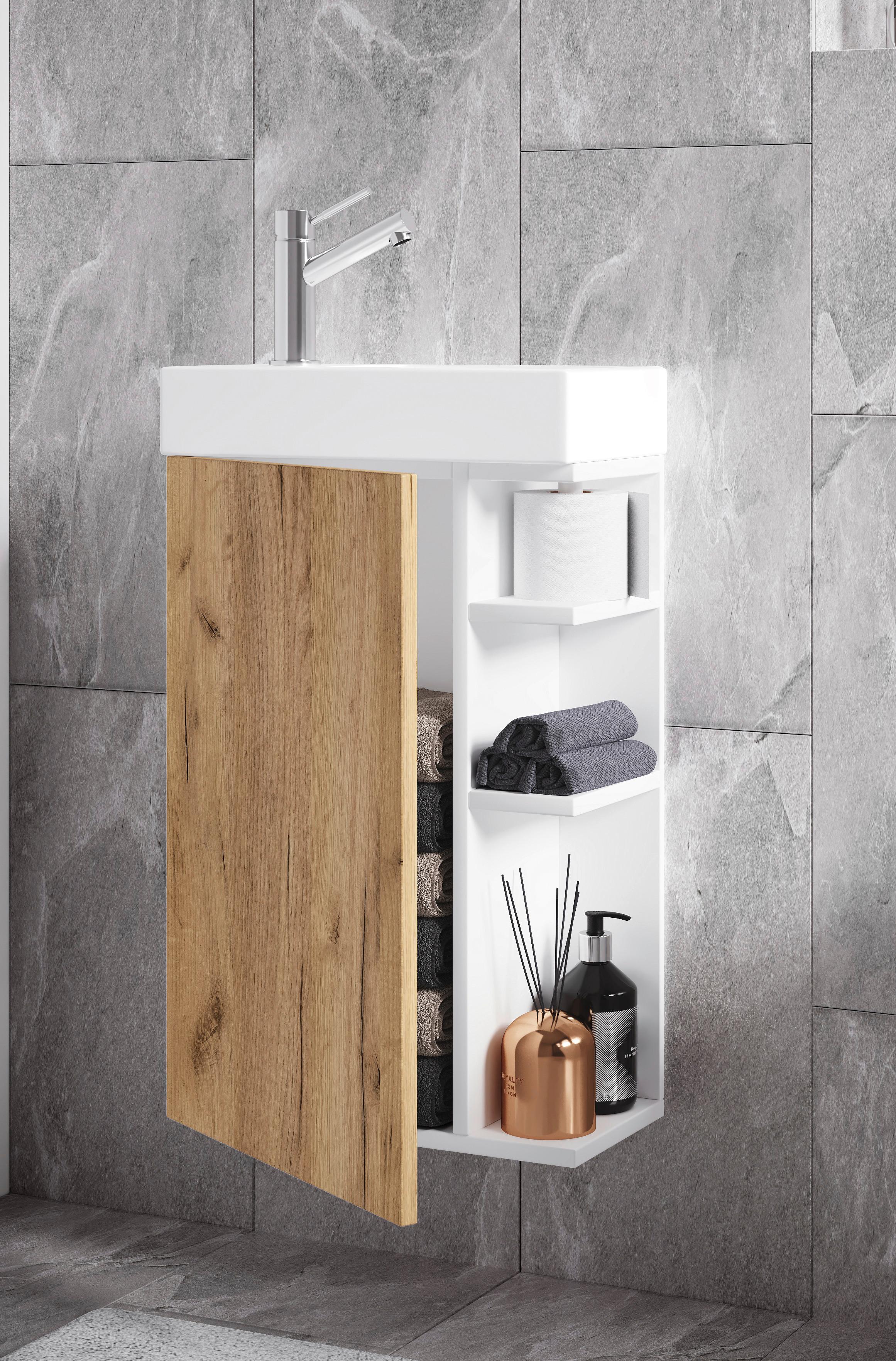 Kombiniran Umivalnik Lumia, Bela, Barva Hrasta - bela/medeni hrast, Moderno, leseni material/keramika (40cm) - MID.YOU