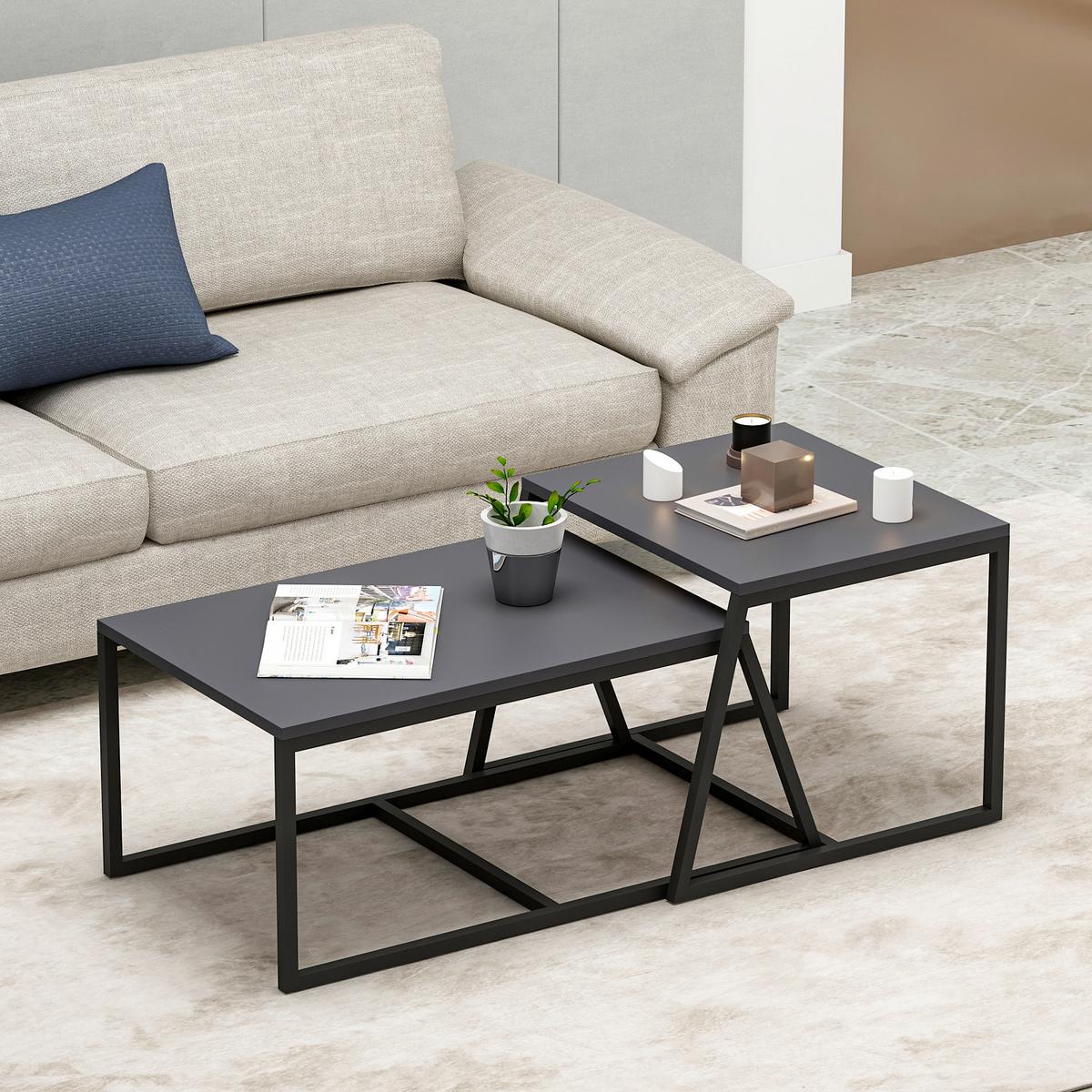 Couchtischset Minimal Couchtisch - Anthrazit/Schwarz, Design, Holzwerkstoff/Metall (75-55/38-45/50-47cm) - Livetastic