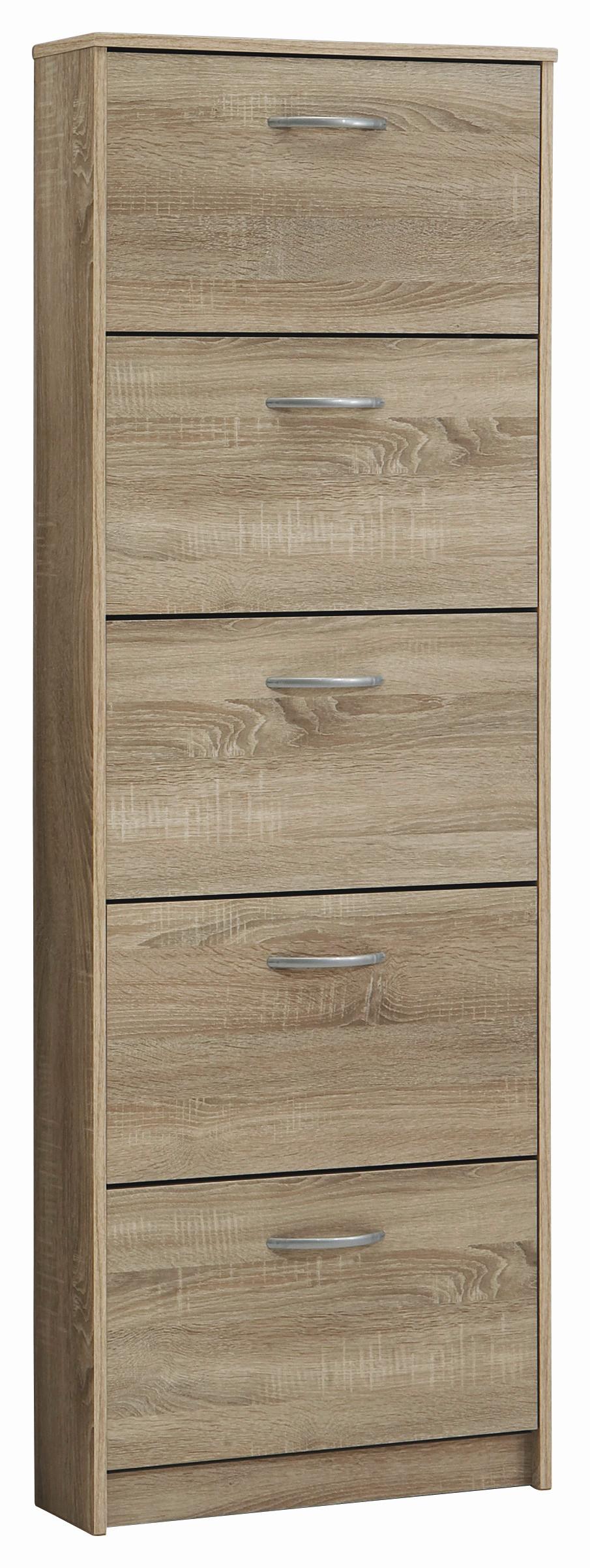 Cipősszekrény 5 Lenyíló Ajtó Step 5 - tölgyfa színű/ezüstszínű, Modern, műanyag/faalapú anyag (58,5/168,5/17cm)