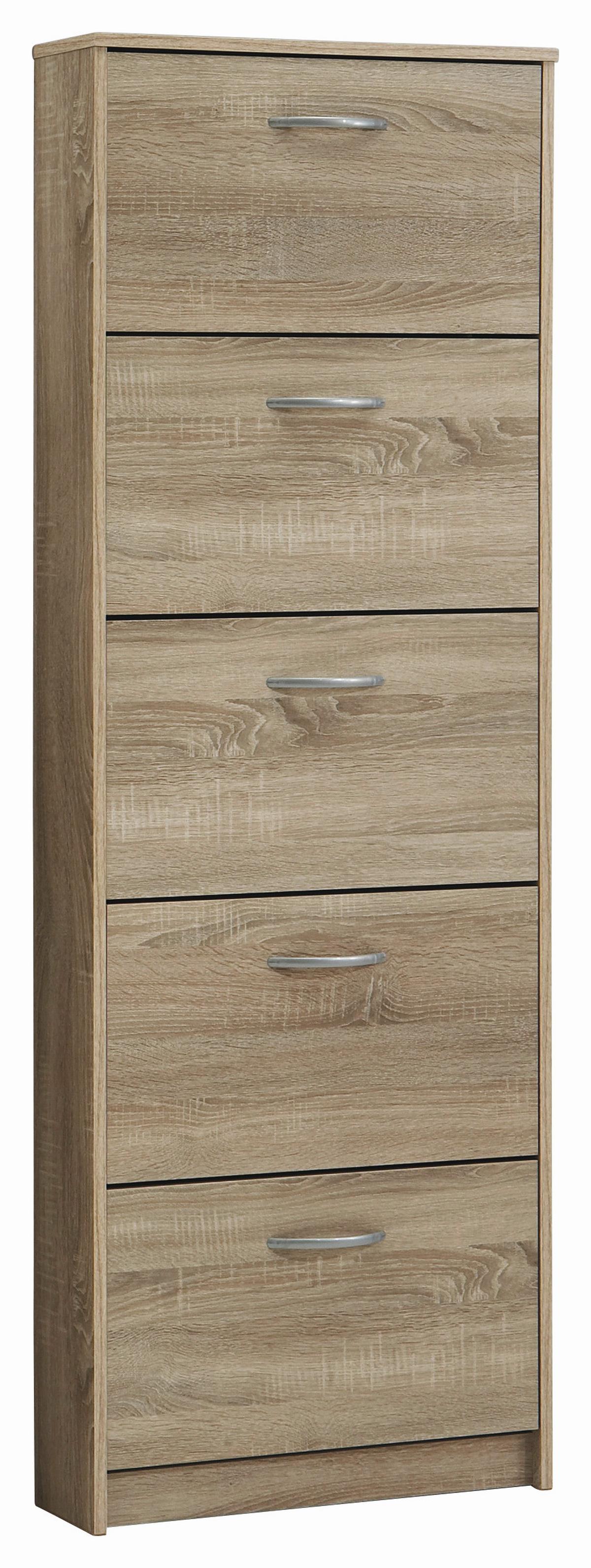 Cipősszekrény 5 Lenyíló Ajtó Step 5 - tölgyfa színű/ezüstszínű, Modern, műanyag/faalapú anyag (58,5/168,5/17cm)