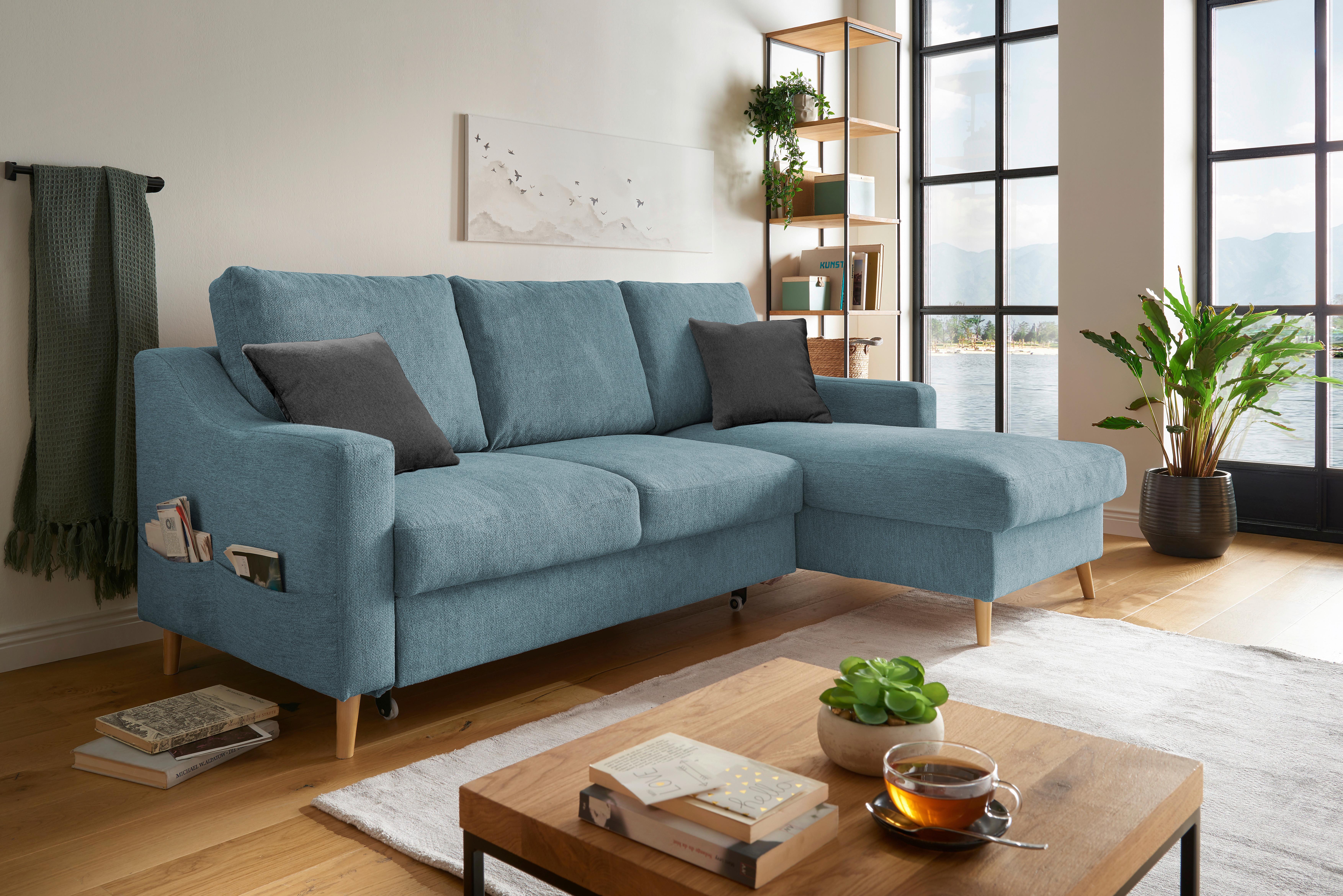 Wohnlandschaft Valentina Blau Mikrofaser - Blau/Schwarz, Design, Holz/Textil (228/150cm) - MID.YOU