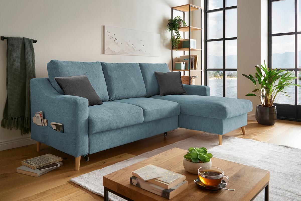 Wohnlandschaft Valentina Blau Mikrofaser - Blau/Schwarz, Design, Holz/Textil (228/150cm) - MID.YOU
