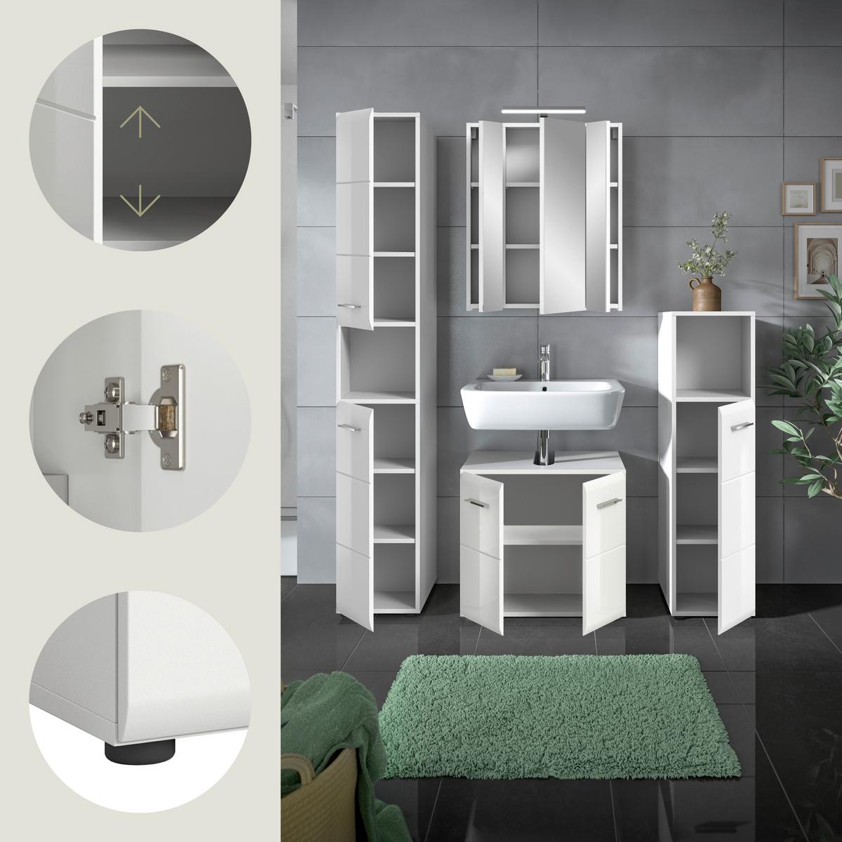 Badezimmer Ice 4-tlg. ca. 120 cm Weiß - Weiß Hochglanz/Silberfarben, MODERN, Holzwerkstoff/Kunststoff (120cm) - MID.YOU