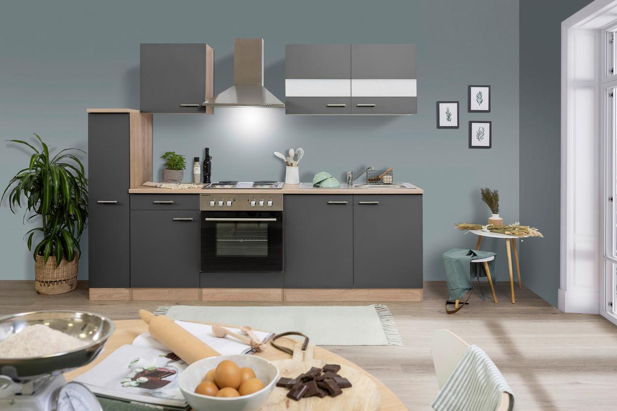 Küchenblock Merle mit Geräten ca. 240 cm Grau - Edelstahlfarben/Eichefarben, Basics, Holzwerkstoff/Metall (240cm) - Respekta