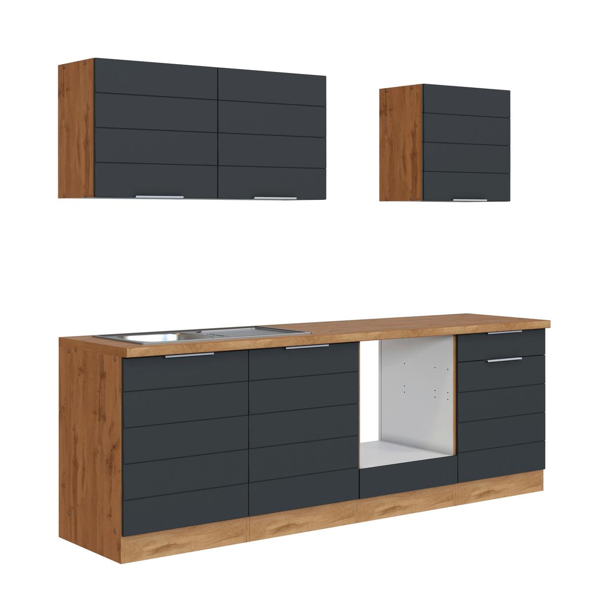Küchenblock Florenz ohne Geräte ca. 240 cm Grau/Eiche - Eiche Wotan/Grau, Design, Holzwerkstoff/Metall (240cm) - Held