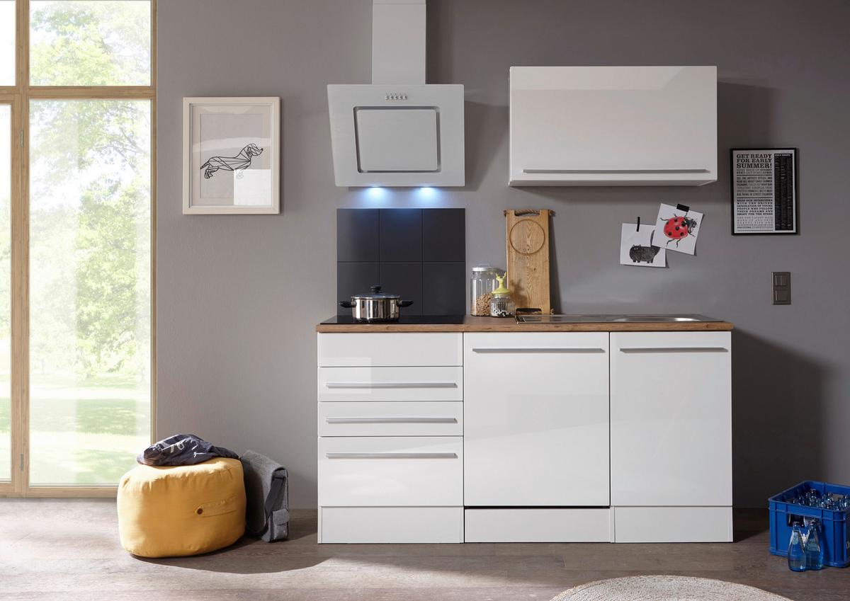 Küchenblock Premium m. Geräten Weiß/Eiche ca. 290 cm - Wildeiche/Edelstahlfarben, Basics, Holzwerkstoff/Kunststoff (290cm) - Respekta