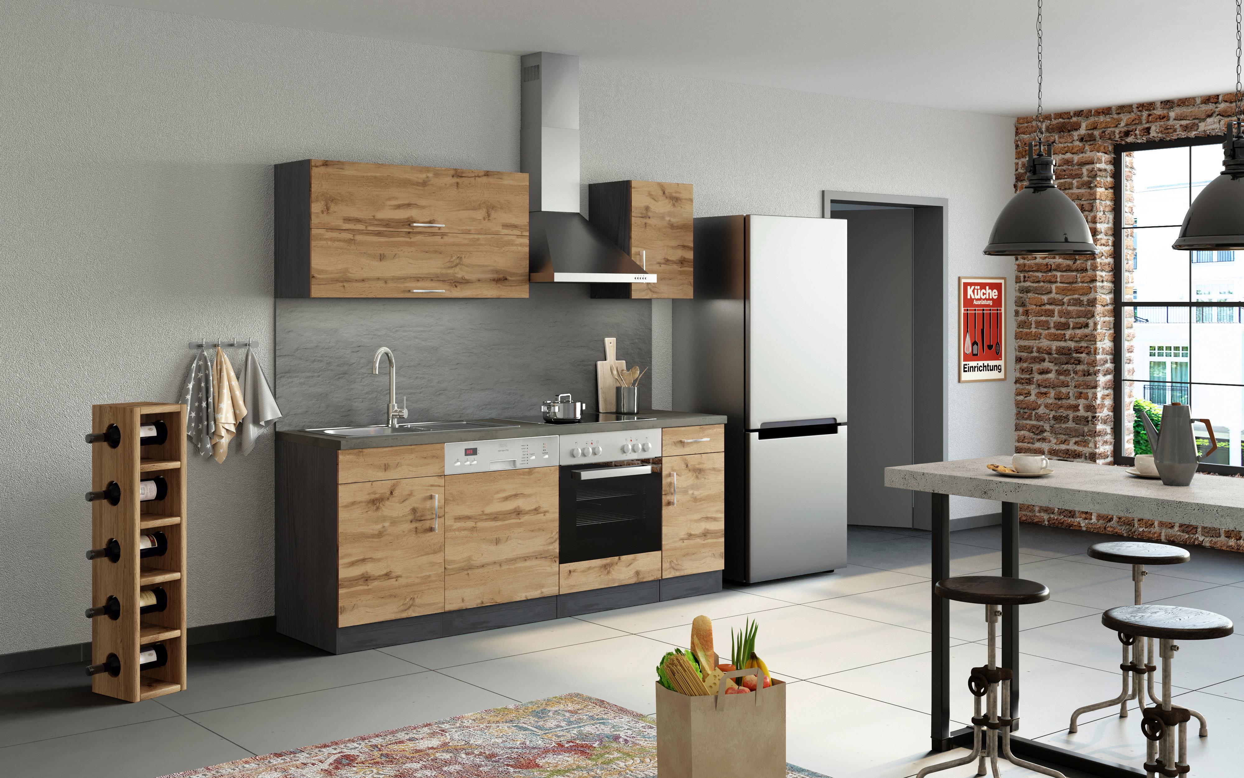 Küchenblock Sorrento mit Geräten ca. 210 cm Eichefarben - Chromfarben/Schieferfarben, MODERN, Holzwerkstoff/Metall (210cm) - Held