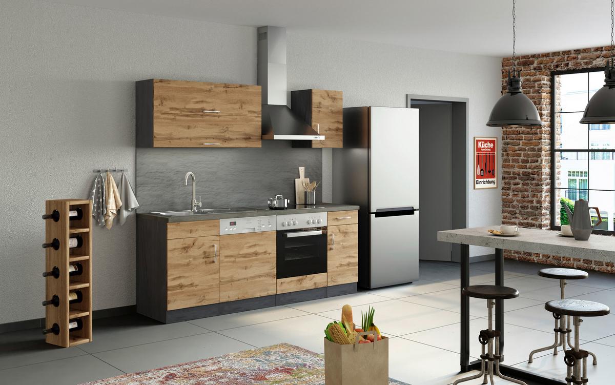 Küchenblock Sorrento mit Geräten ca. 210 cm Eichefarben - Chromfarben/Schieferfarben, MODERN, Holzwerkstoff/Metall (210cm) - Held