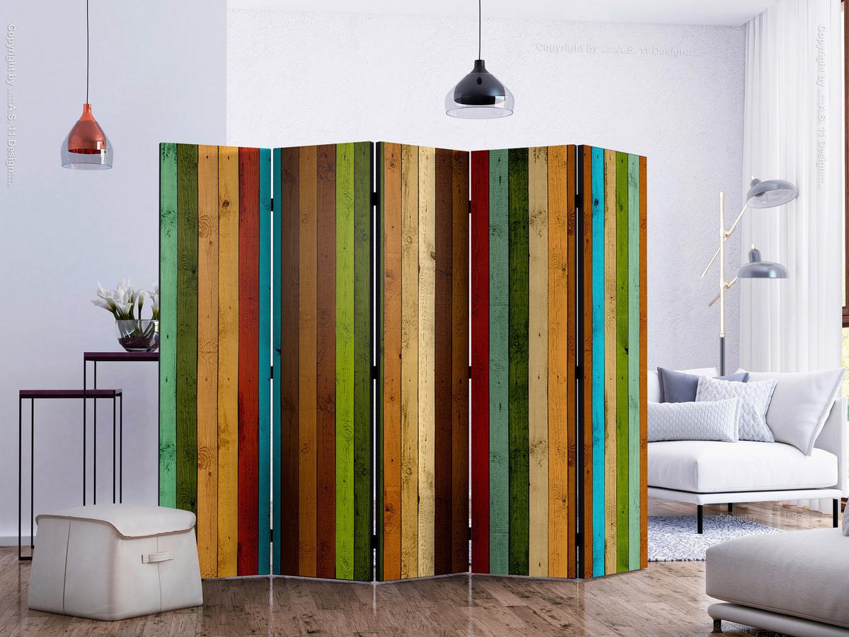 Paravan Wooden Rainbow Ii, 5-Delni, Dvostranski - večbarvno, Basics, tekstil/les (225/172/3cm) - artgeist