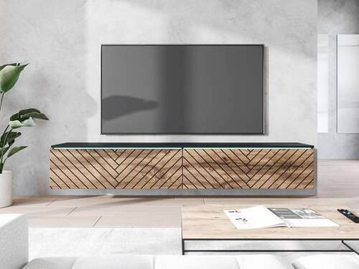 Lowboard ca. 180x30 cm mit LED Fischgräte Eiche Wotan/Schwarz - Eiche Wotan/Schwarz, Basics, Holzwerkstoff/Kunststoff (180/30/33cm) - P & B