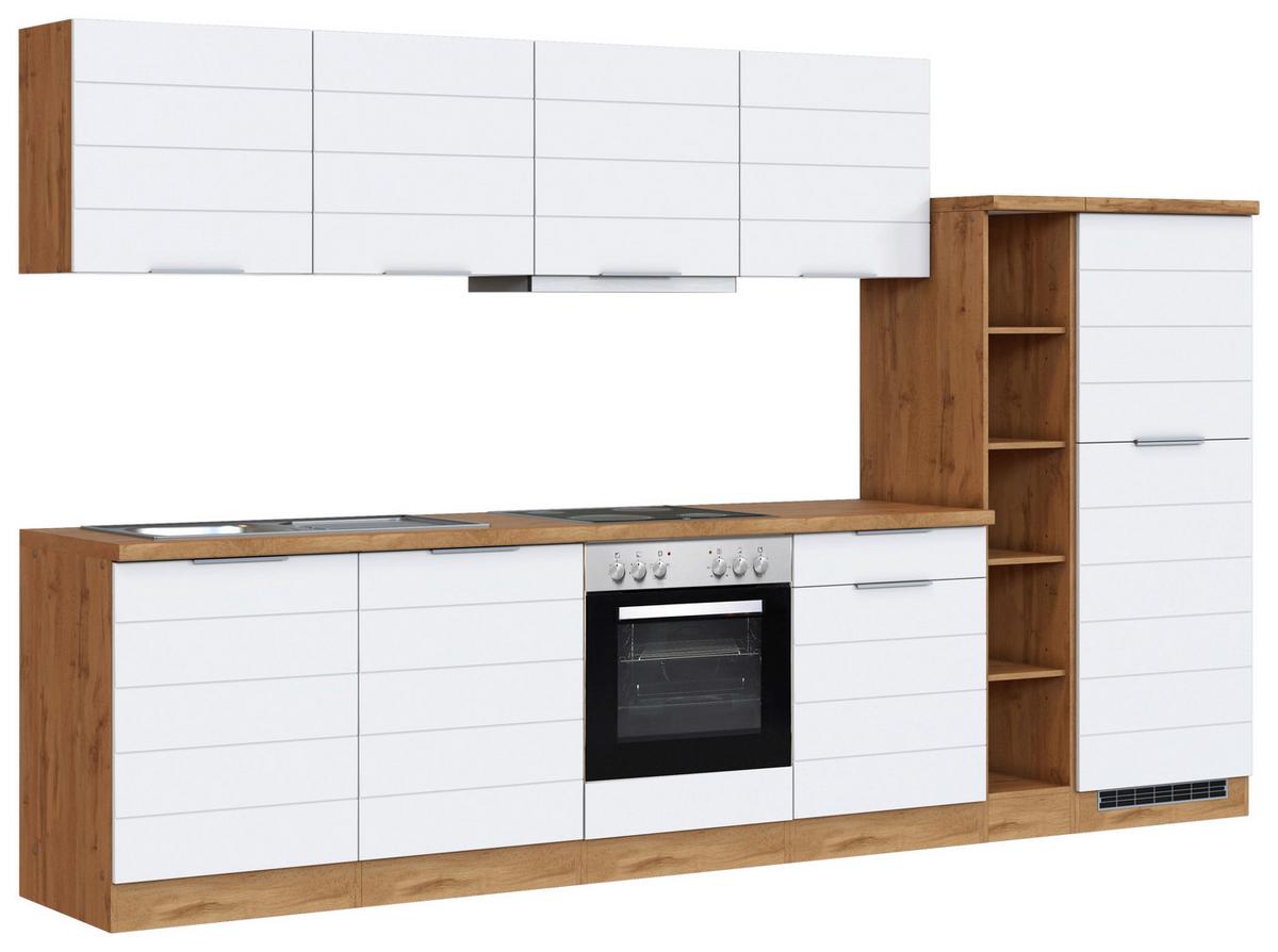 Küchenblock Florenz mit Geräten ca. 330 cm Weiß/Eiche - Eiche Wotan/Weiß, Design, Holzwerkstoff/Metall (330cm) - Held