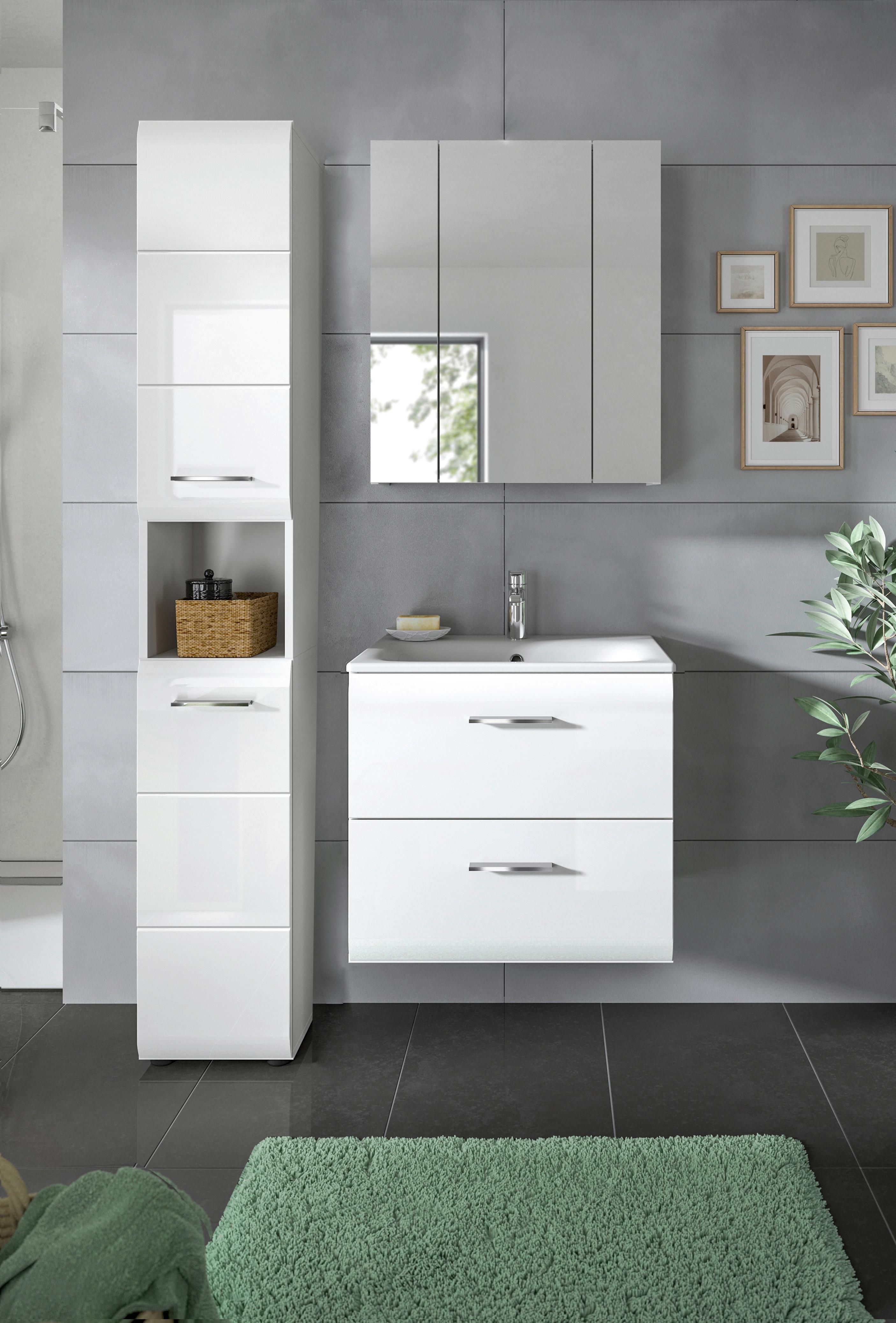 Badezimmer Ice 3-tlg. ca. 90 cm Weiß - Weiß Hochglanz/Silberfarben, MODERN, Keramik/Holzwerkstoff (90cm) - MID.YOU