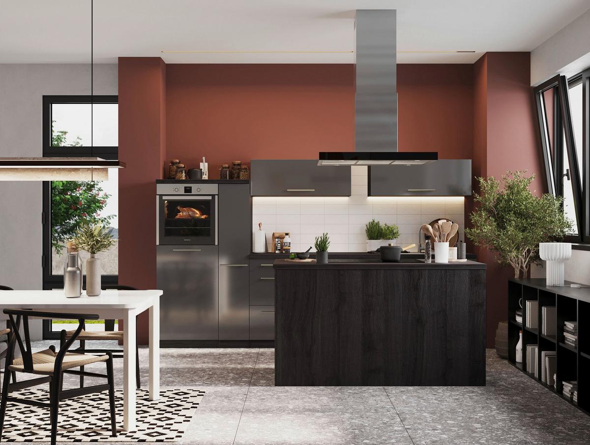 Inselküche Premium Grau mit Geräten B: ca. 310 cm - Grau, Basics, Holzwerkstoff/Metall (310/160cm) - Respekta