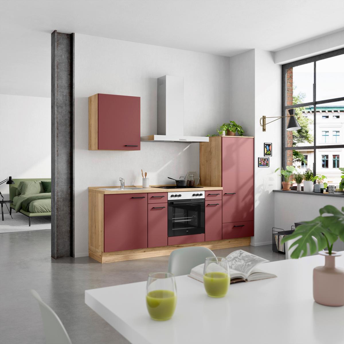 Küchenblock Easytouch Low m. Geräten Dunkelrot - Eichefarben/Schwarz, MODERN, Holzwerkstoff/Metall (240cm) - Nobilia