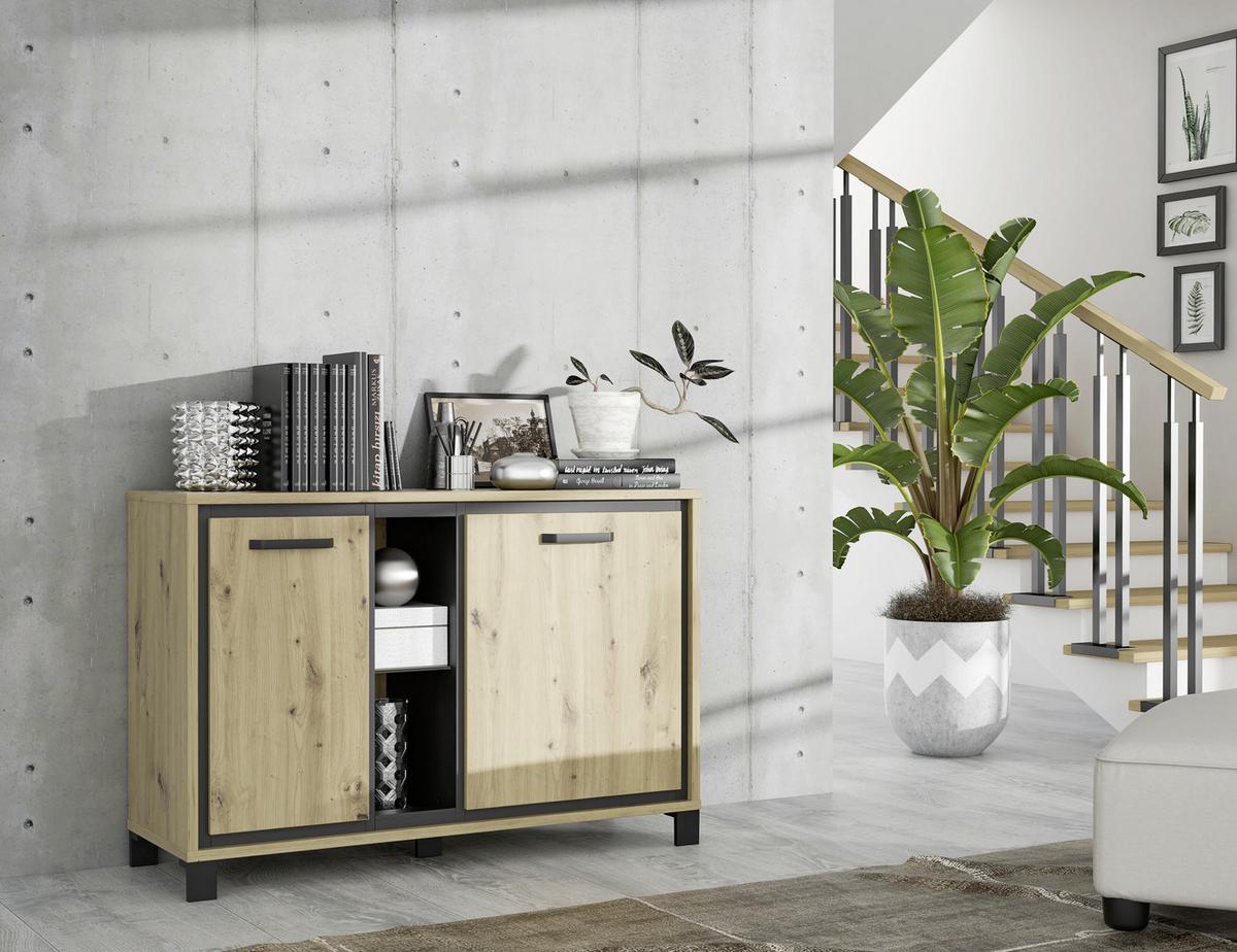 Kommode "Trondheim" , Eiche - Eichefarben/Schwarz, Basics, Glas/Holzwerkstoff (120,4/81,3/41,5cm) - Livetastic