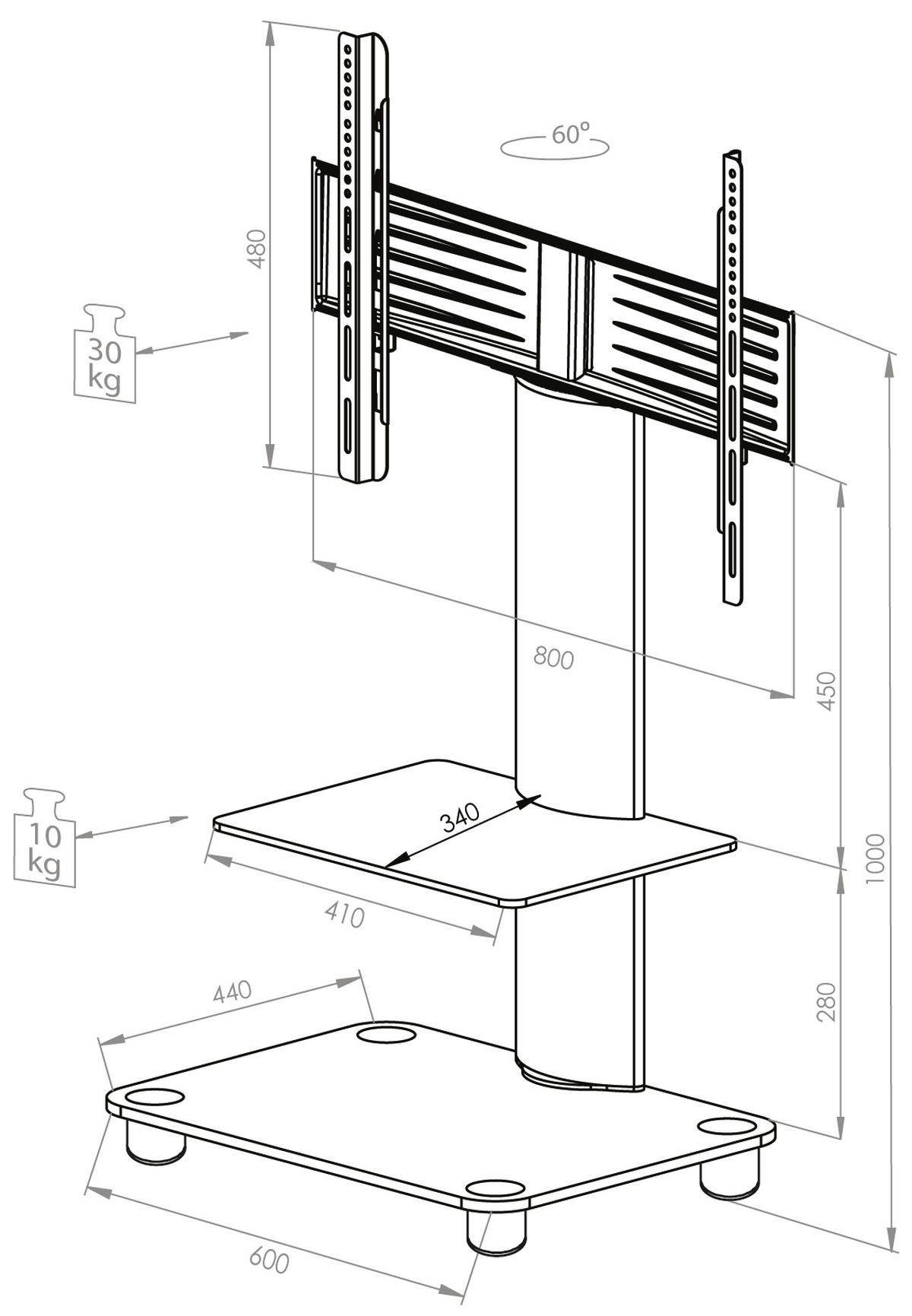 TV-Rack Tosal ca. 60x100 cm Schwarz/Silber - Silberfarben/Schwarz, KONVENTIONELL, Glas/Metall (60/100/44cm) - MID.YOU