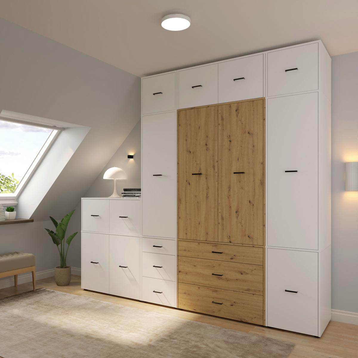 Kleiderschrank Kivo Eiche Artisan/Weiß - Schwarz/Weiß, Basics, Holzwerkstoff/Kunststoff (225/239,4/52,1cm) - Based