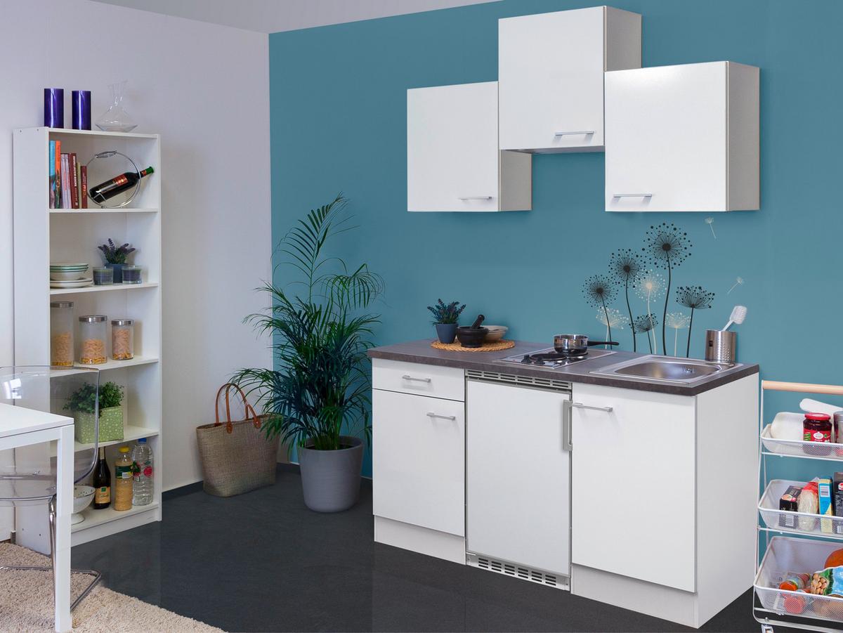 Miniküche Lucca m. Geräten B: ca. 150cm Weiß - Graubraun/Alufarben, KONVENTIONELL, Holzwerkstoff/Kunststoff (150cm) - FlexWell