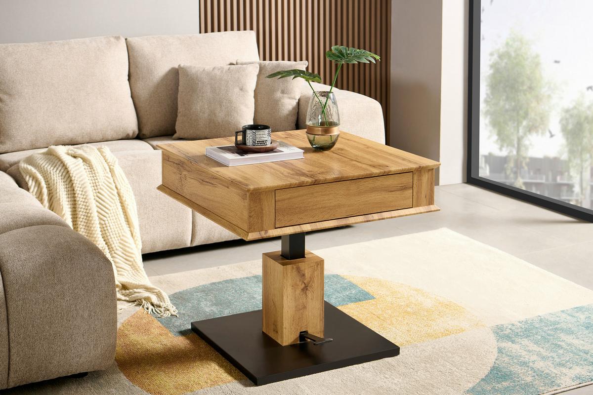 STOLIK KAWOWY RAJANA - kolor dębowy/czarny, Design, materiał drewnopochodny/metal (70/70/46,5-66cm) - Carryhome