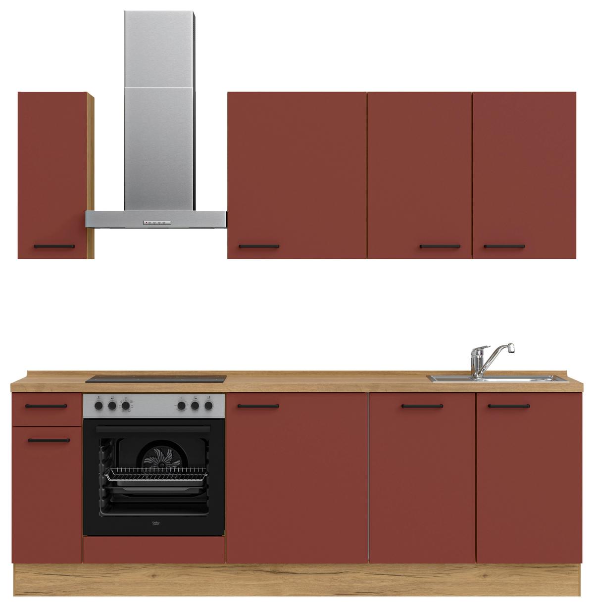 Küchenblock Easytouch Low m. Geräten Dunkelrot - Eichefarben/Schwarz, MODERN, Holzwerkstoff/Metall (240cm) - Nobilia