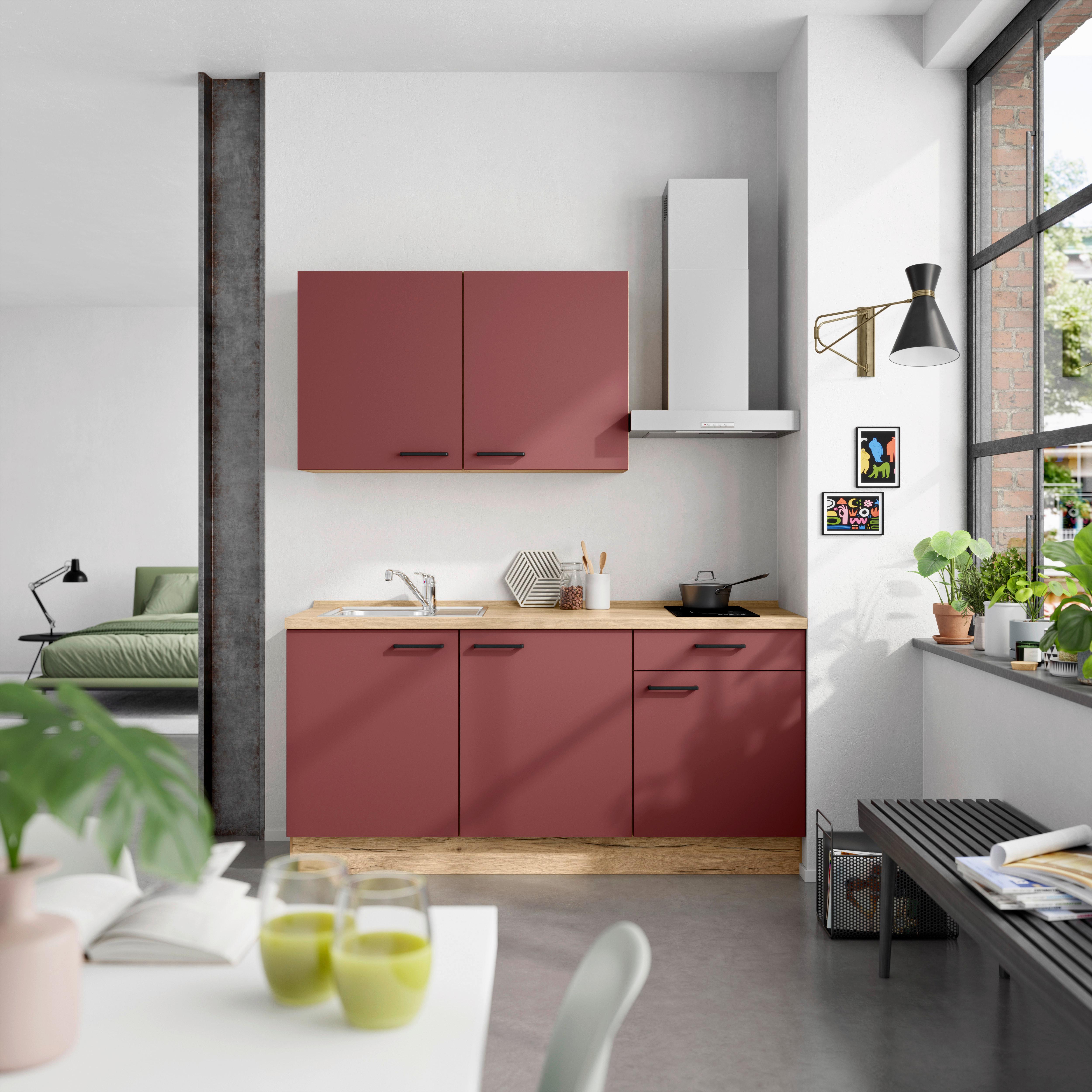 Küchenblock Easytouch Low m. Geräten Dunkelrot - Eichefarben/Schwarz, MODERN, Holzwerkstoff/Metall (180cm) - Nobilia