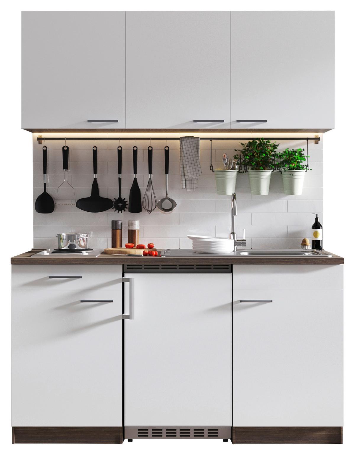 Miniküche Oliver m. Geräten B: ca. 150cm Weiß - Eichefarben/Alufarben, Basics, Holzwerkstoff/Kunststoff (150cm) - Respekta