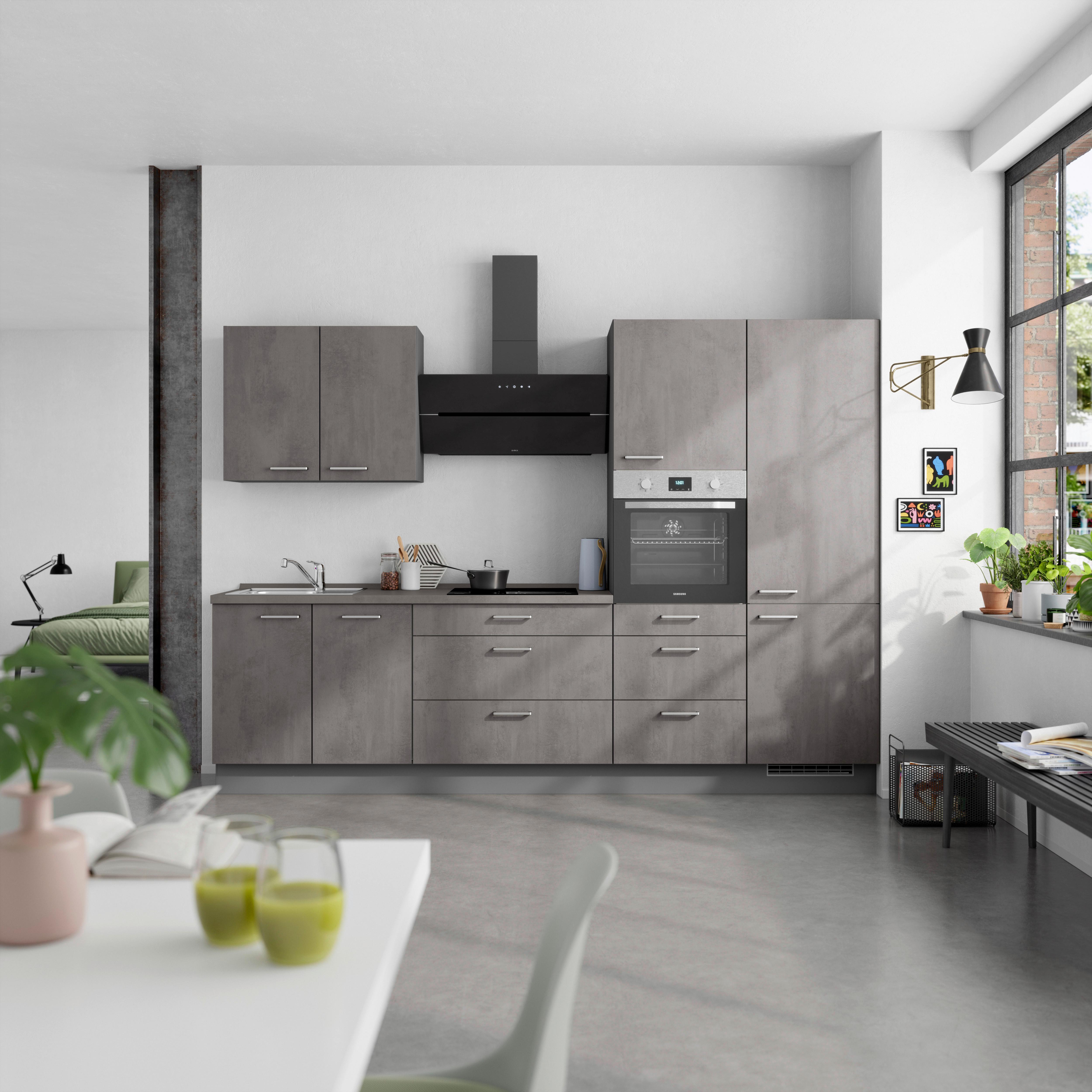 Küchenblock Riva High m. Geräten Schieferfarben - Schieferfarben/Edelstahlfarben, MODERN, Holzwerkstoff/Metall (300cm) - Nobilia