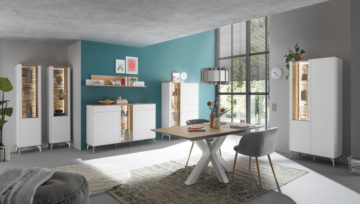 Sideboard Halvar Weiß/Eiche Artisan - Weiß/Eiche Artisan, MODERN, Glas/Holz (159/96/42cm) - Premium Living