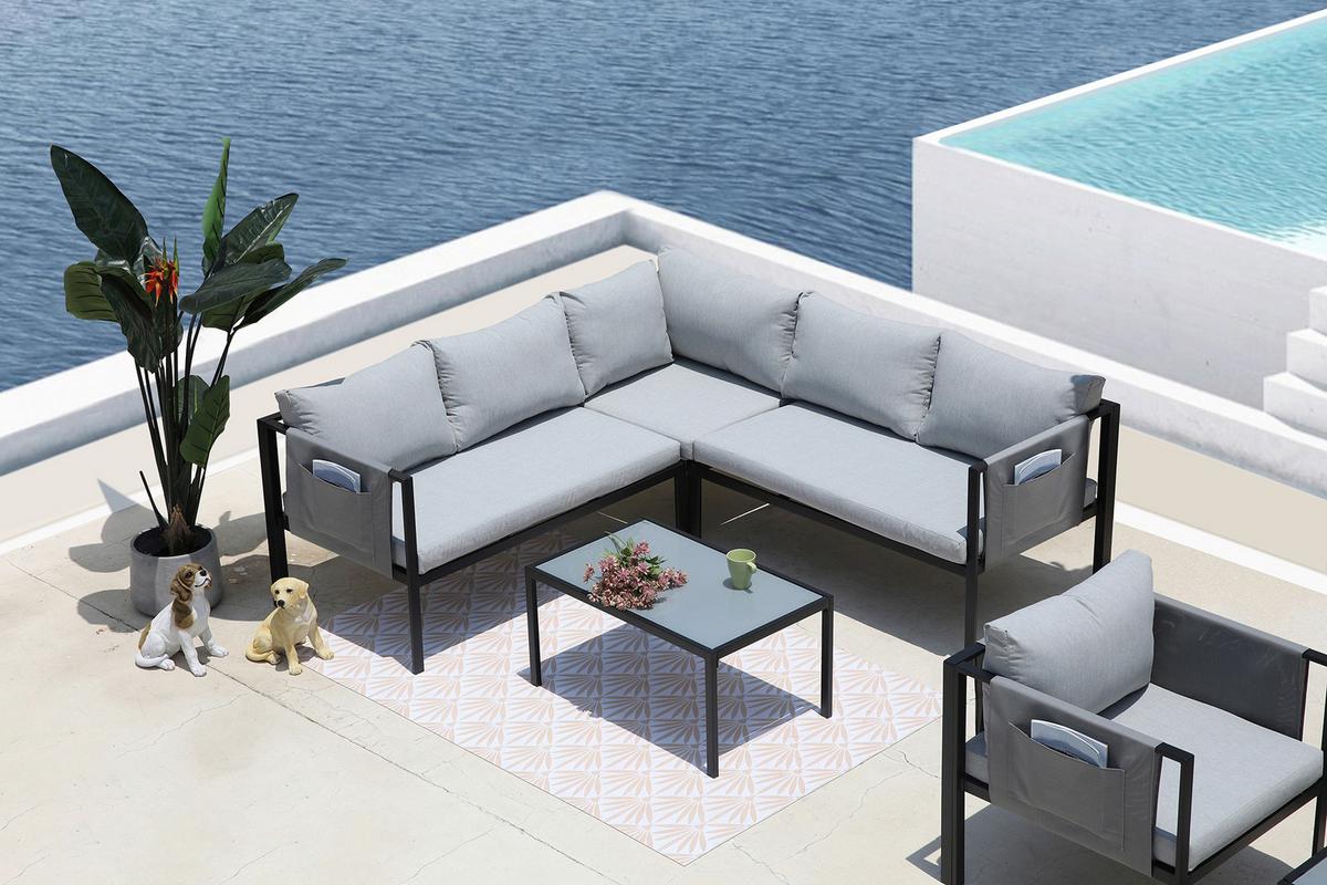 Loungegarnitur Grau/Schwarz - Schwarz/Grau, Design, Glas/Kunststoff - Gardenson