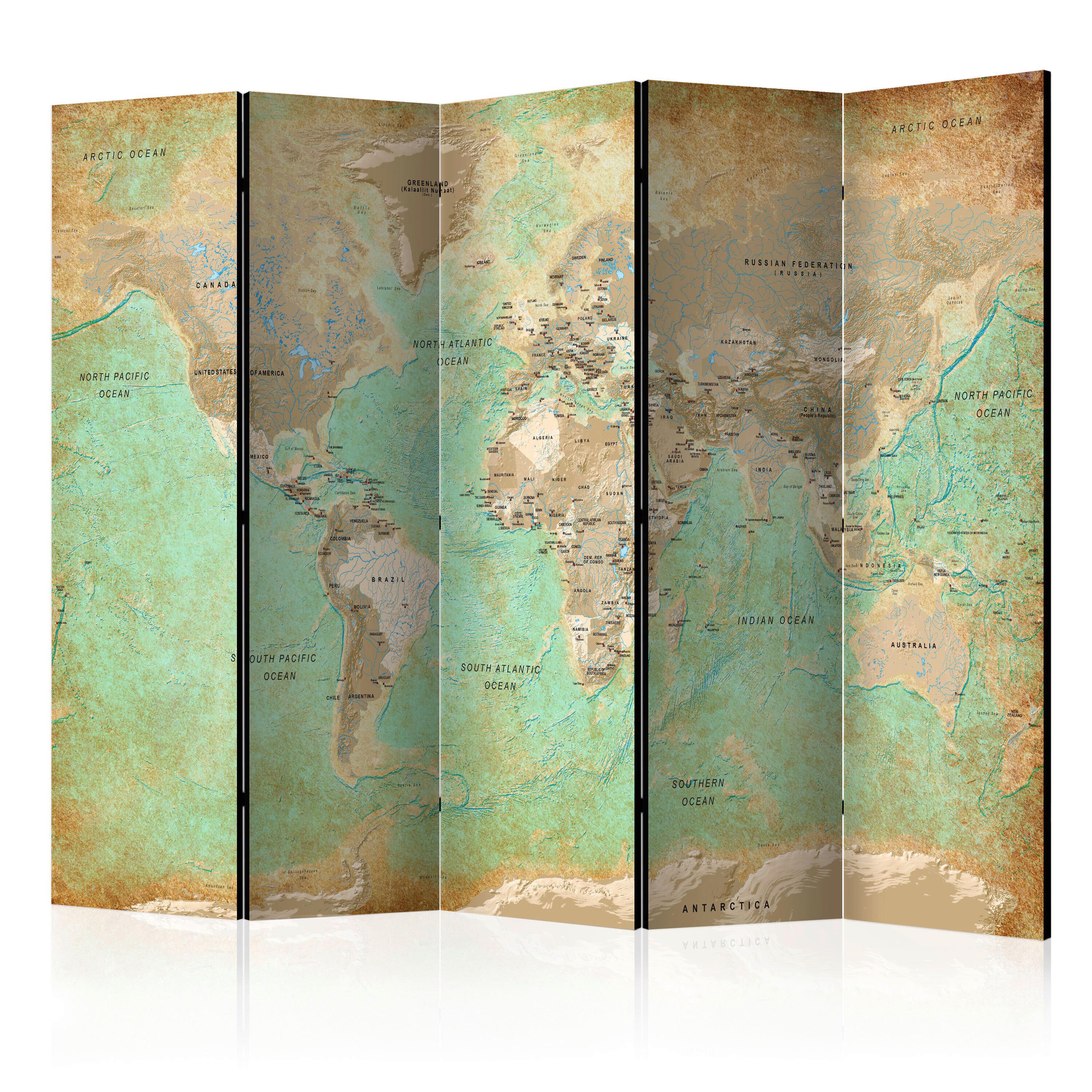 Paravan Turquoise World Map, 5-Delni, Akustičen - turkizna/bež, Basics, umetna masa/tekstil (225/172/3cm) - artgeist