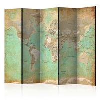 Paravan Turquoise World Map, 5-Delni, Akustičen - turkizna/bež, Basics, umetna masa/tekstil (225/172/3cm) - artgeist