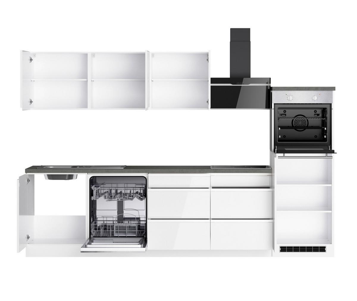 Küchenzeile Monza mit Geräten ca. 300 cm Weiß/Grau + Spüle - Weiß Hochglanz/Weiß, LIFESTYLE, Holzwerkstoff (300cm) - Held