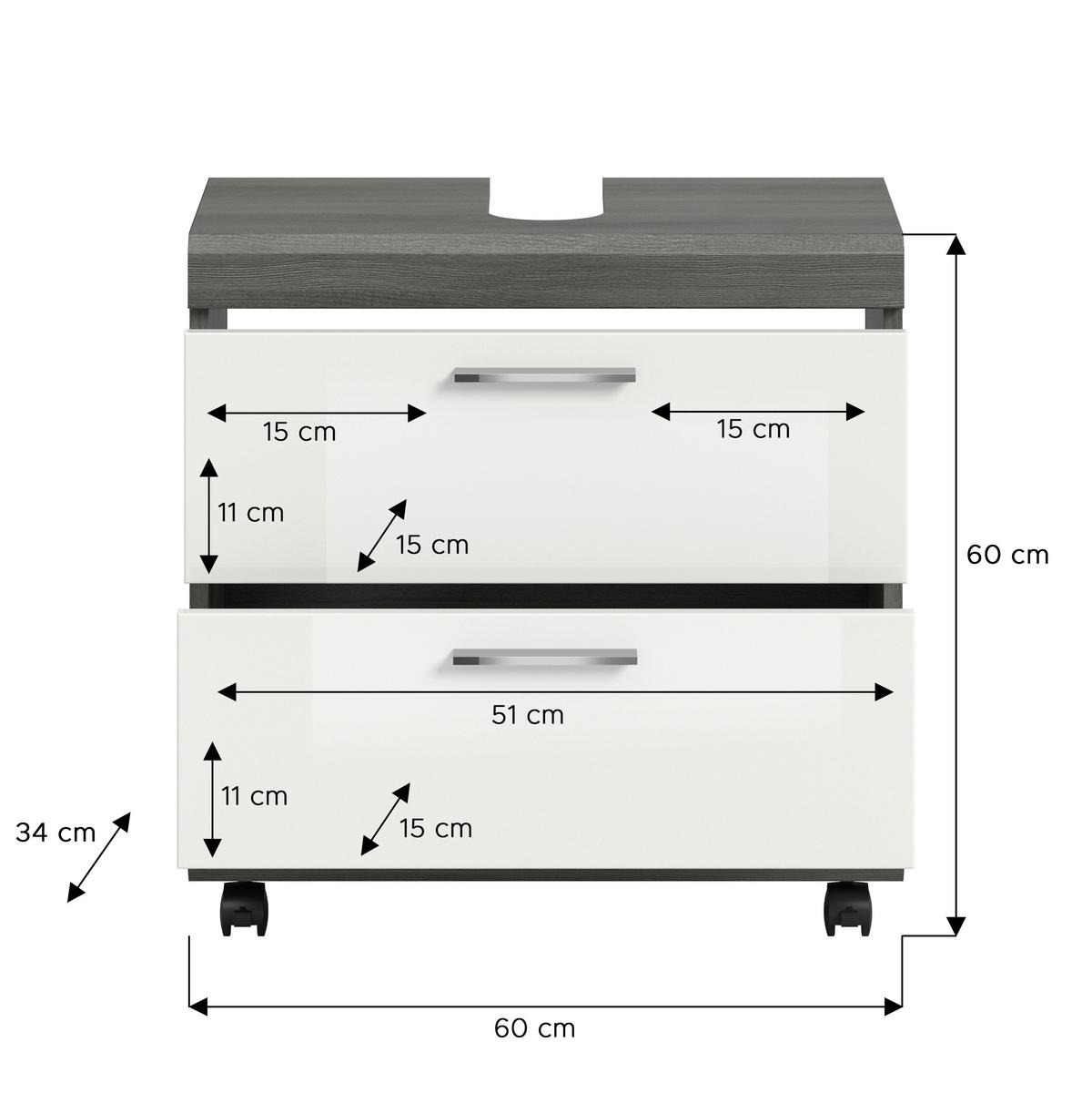 Waschbeckenunterschrank Scout Grau/Weiß Hochglanz - Weiß Hochglanz/Silberfarben, Trend, Holzwerkstoff/Kunststoff (60/60/34cm) - MID.YOU