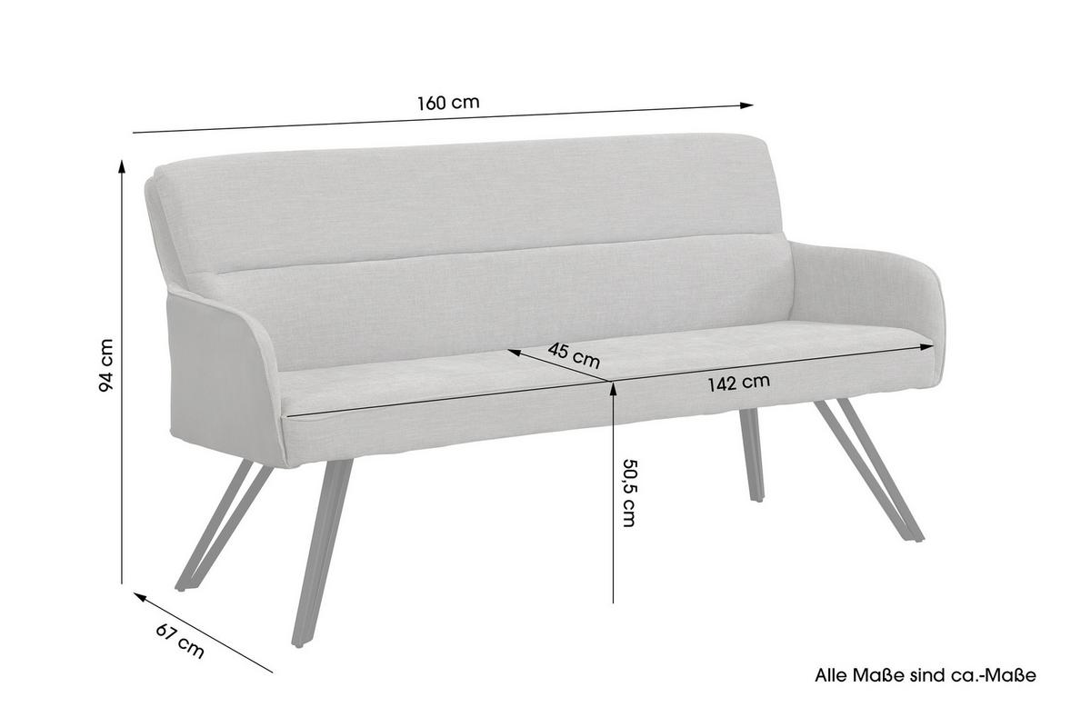 SITZBANK TINO - Hellgrau/Schwarz, MODERN, Textil/Metall (160/94/67cm) - MID.YOU