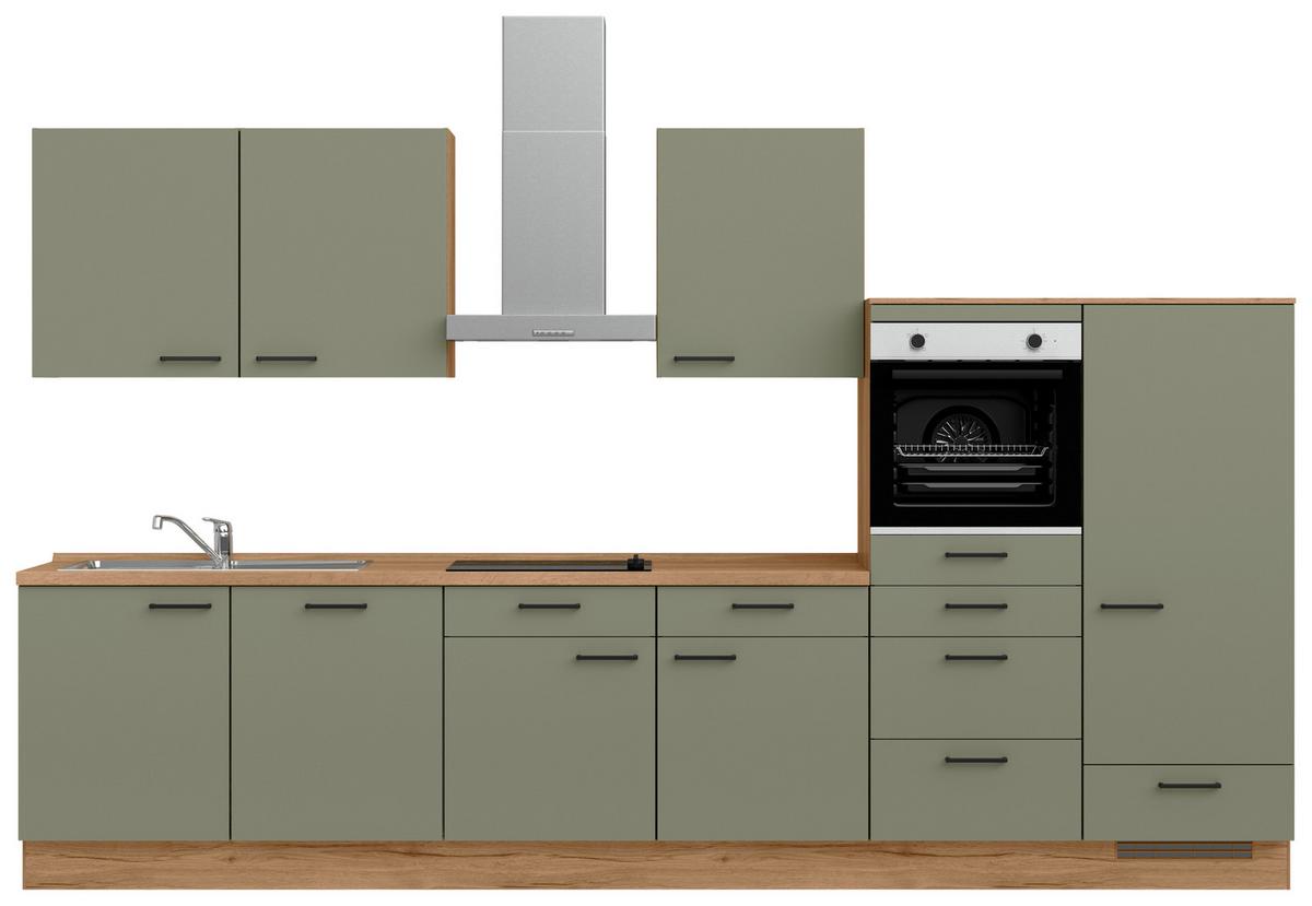Küchenleerblock Senso Low o. Geräte Olivgrün - Eichefarben/Schwarz, MODERN, Holzwerkstoff/Metall (360cm) - Nobilia