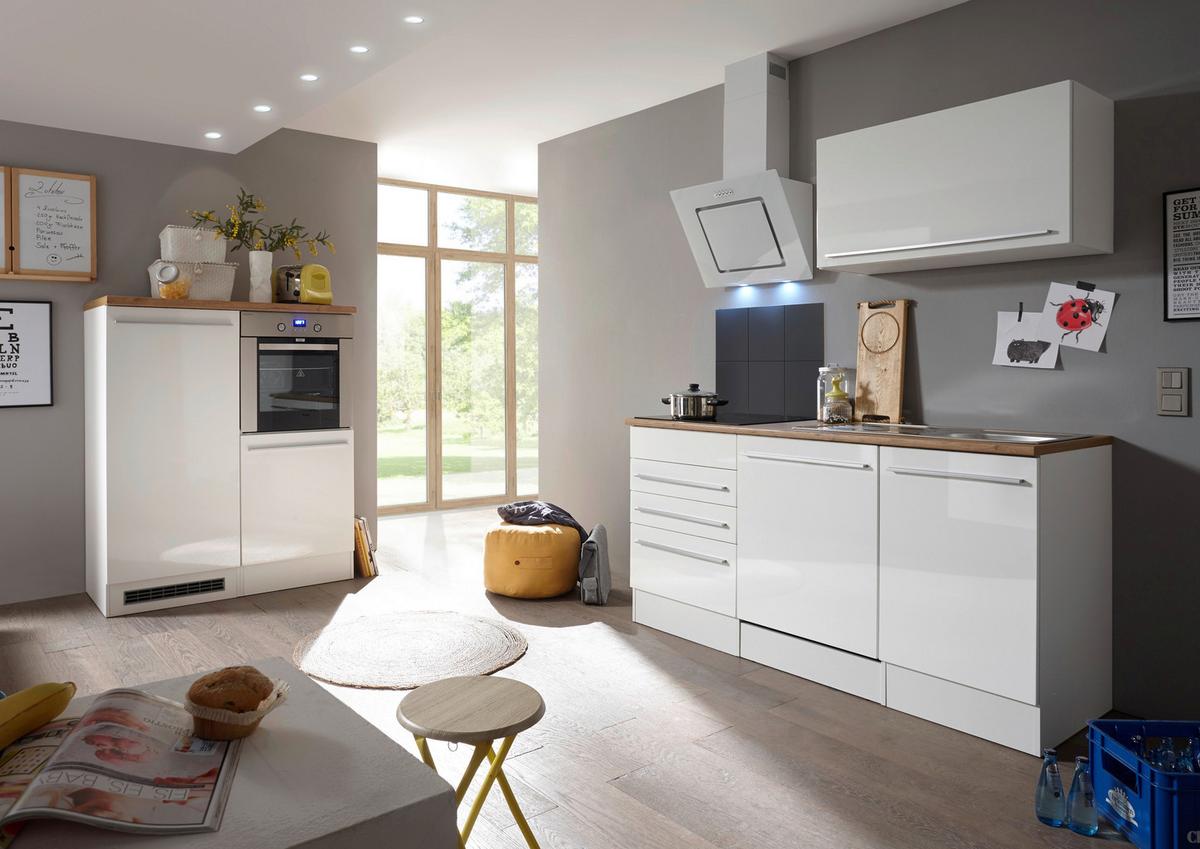 Küchenblock Premium m. Geräten Weiß/Eiche ca. 290 cm - Wildeiche/Edelstahlfarben, Basics, Holzwerkstoff/Kunststoff (290cm) - Respekta